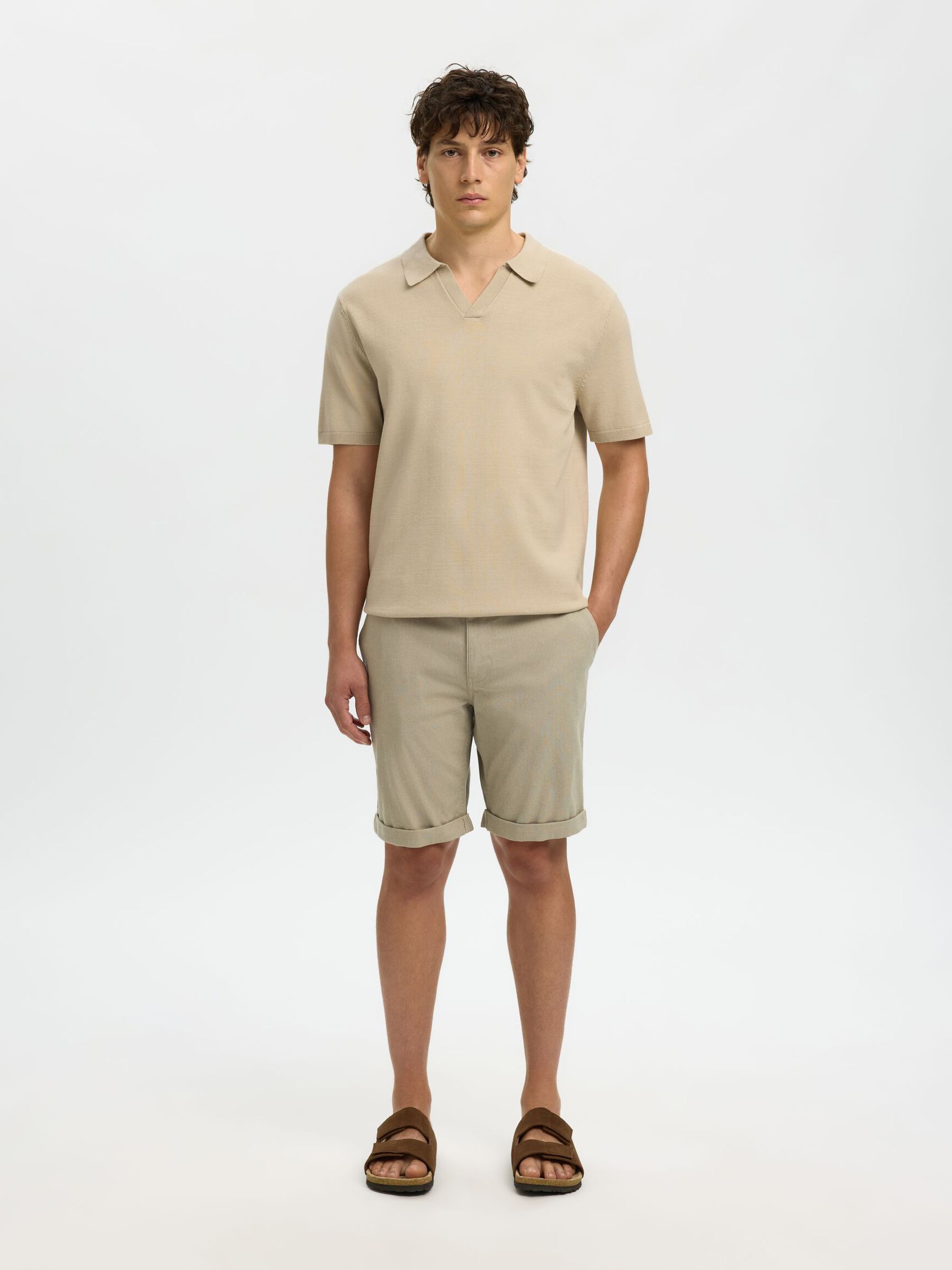 KNITTED POLO SHIRT, Oatmeal, highres