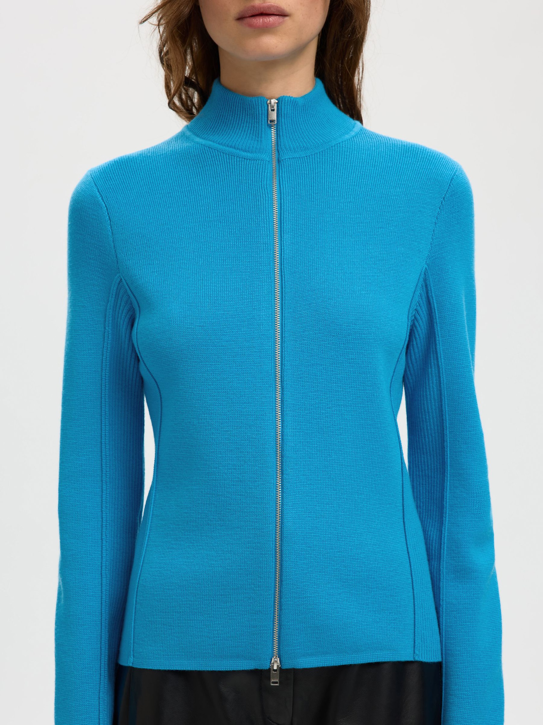 100% MERINO WOOL ZIP-FRONT CARDIGAN, Malibu Blue, highres