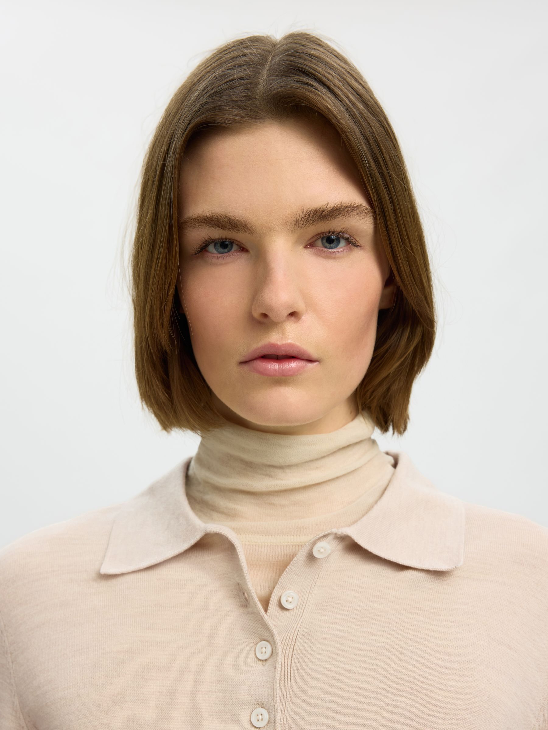 100% MERINOULD STRIKKET POLOSHIRT, Oatmeal, highres