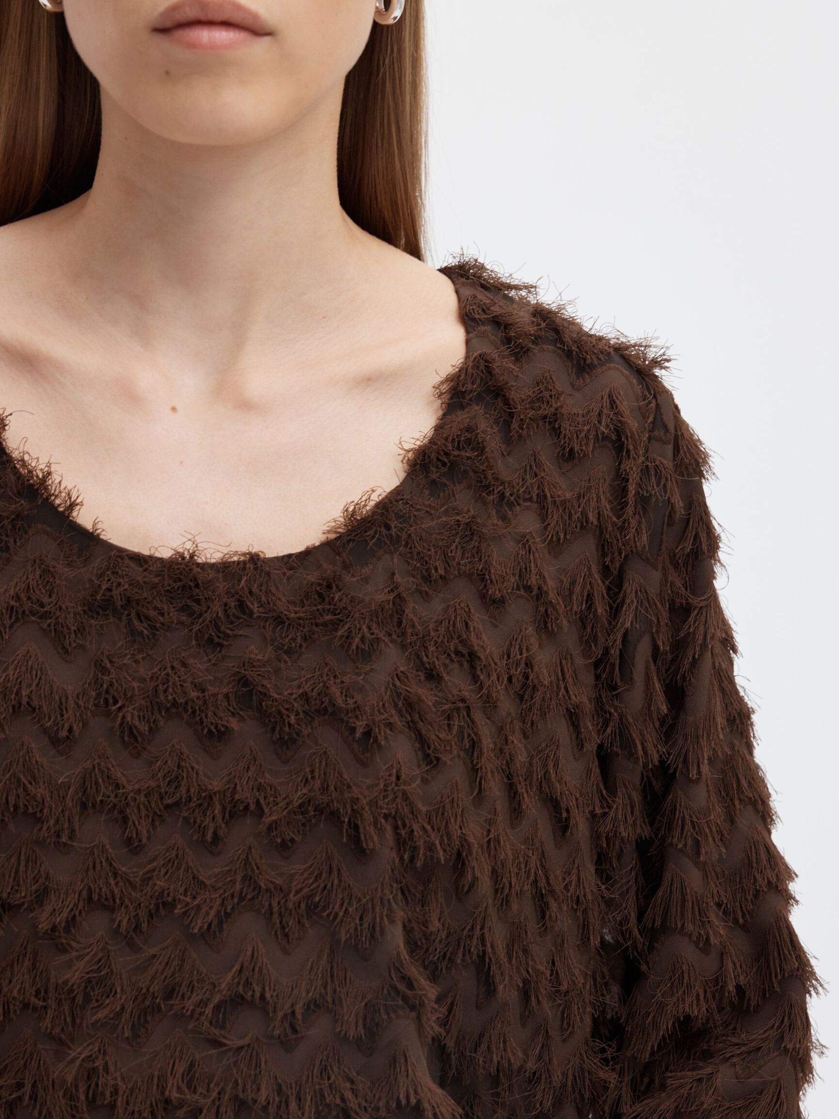 ZIGZAG FRINGE BALLOON SLEEVE TOP, Delicioso, highres