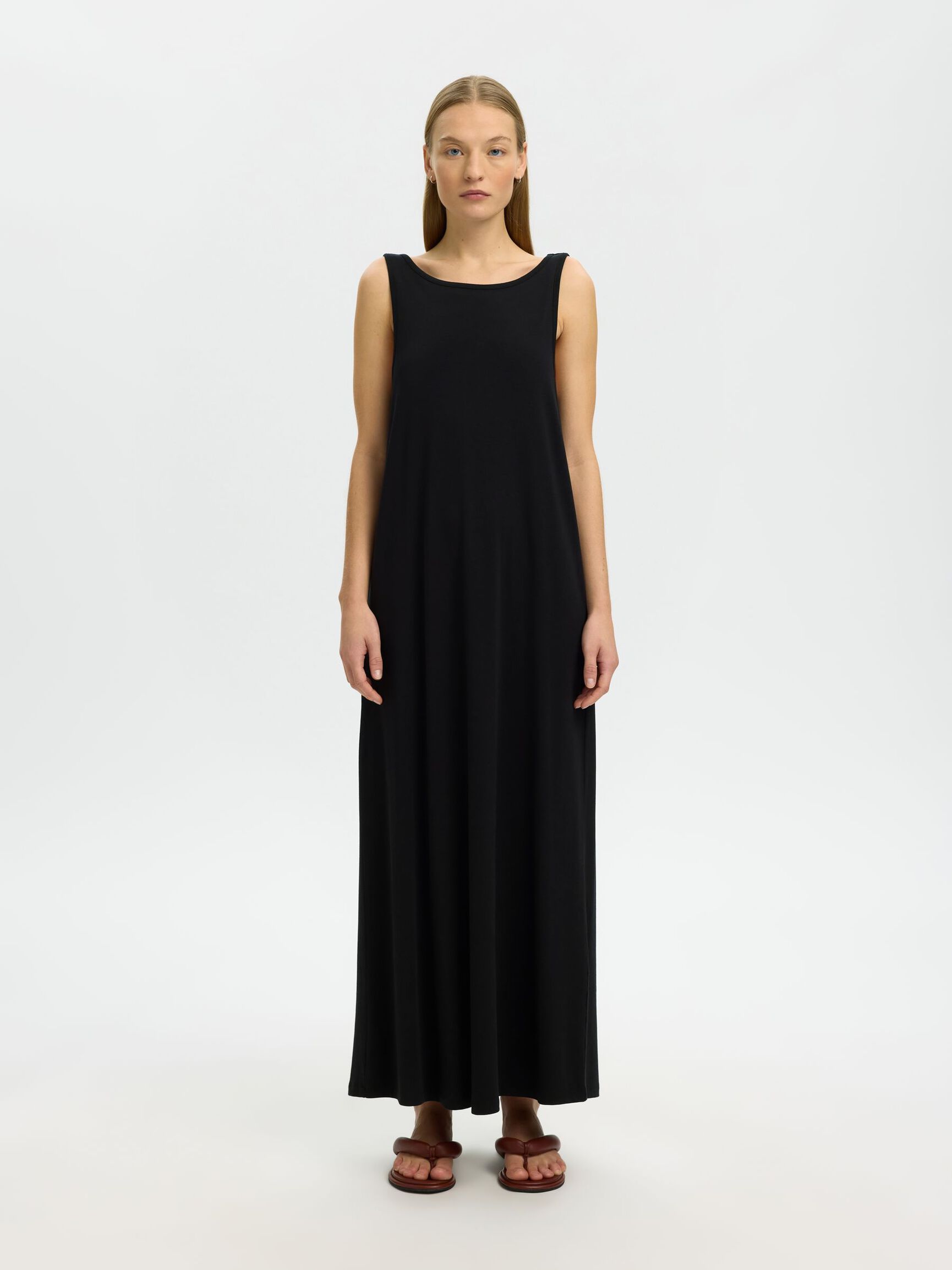 ÄRMELLOSES BAUMWOLLMIX MAXIKLEID, Black, highres