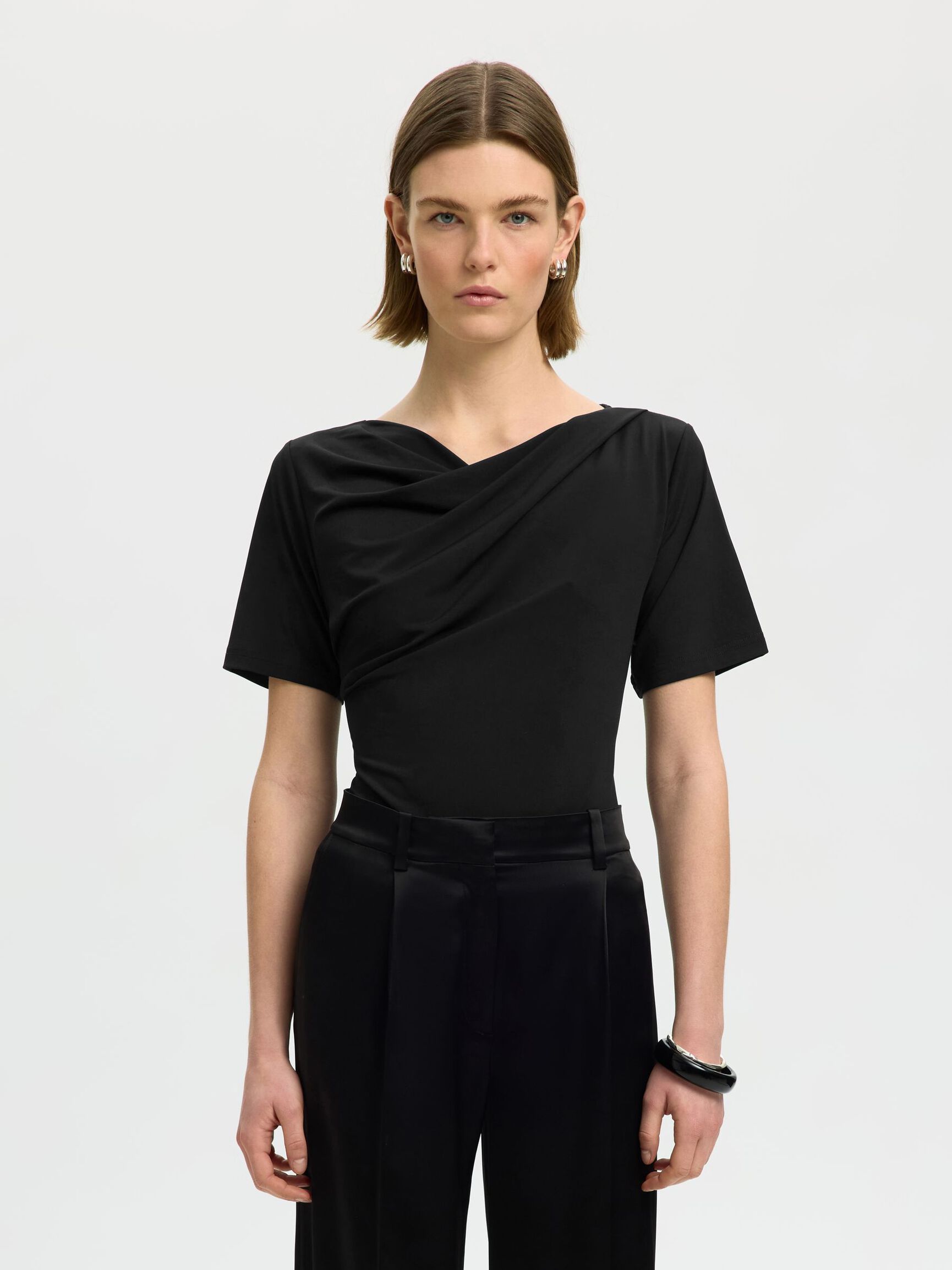 DRAPED SHORT-SLEEVED T-SHIRT, Black, highres