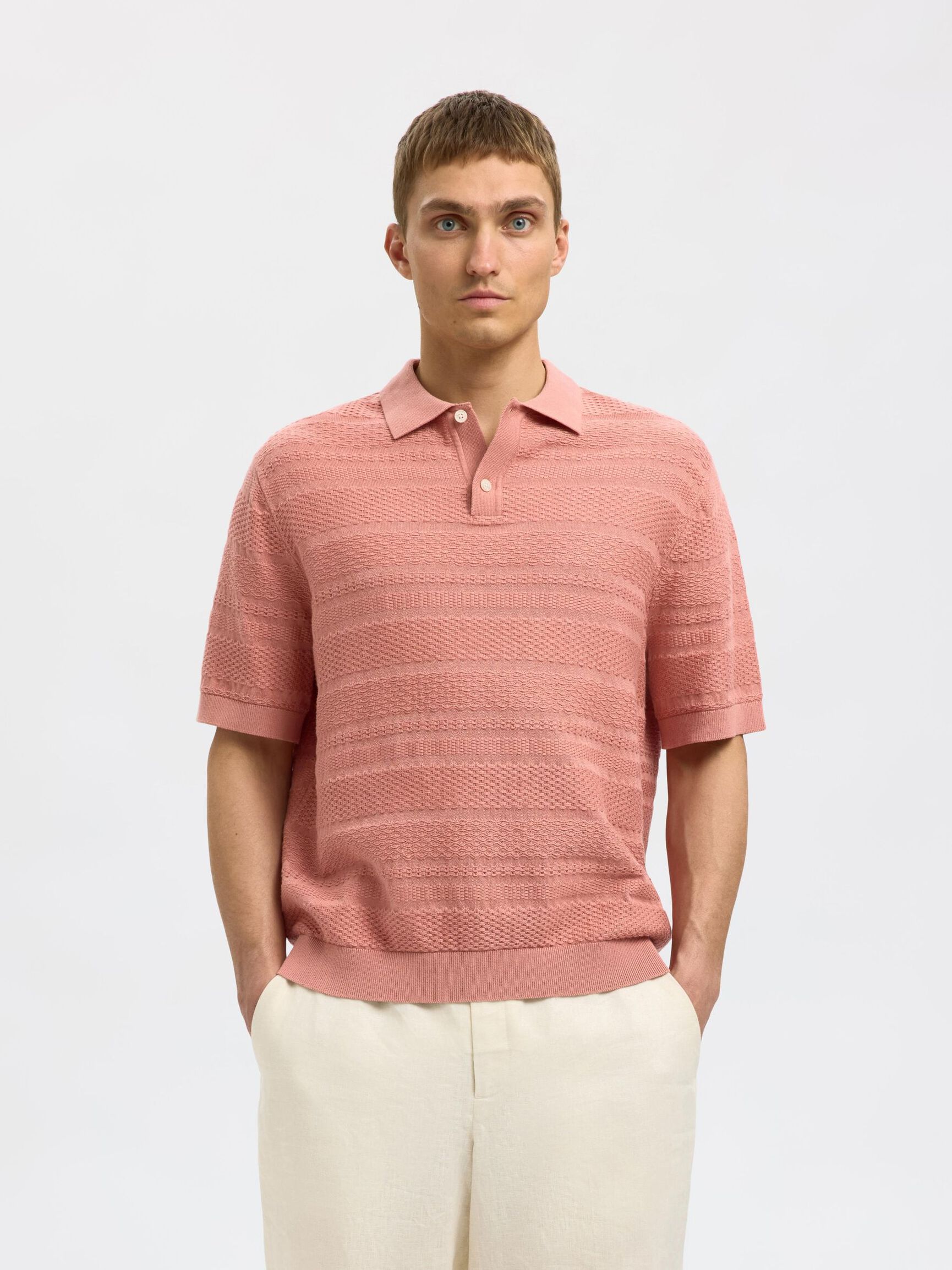 TEXTURED KNITTED POLO SHIRT, Rose Dawn, highres