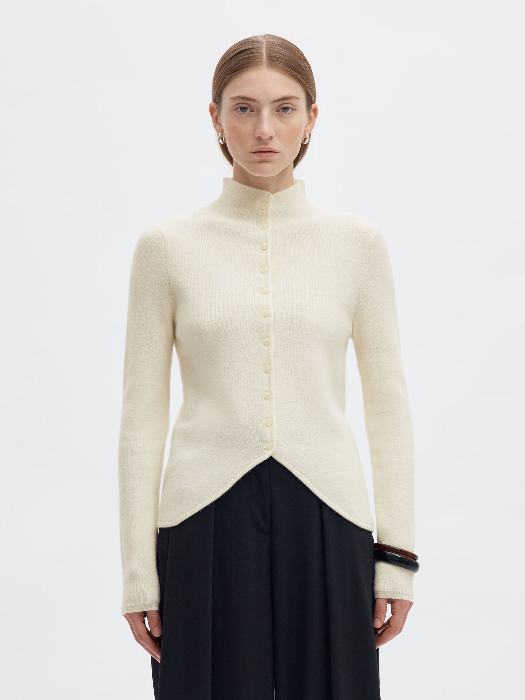 HIGH-NECK BUTTON-THROUGH KNITTED CARDIGAN, Egret, highres