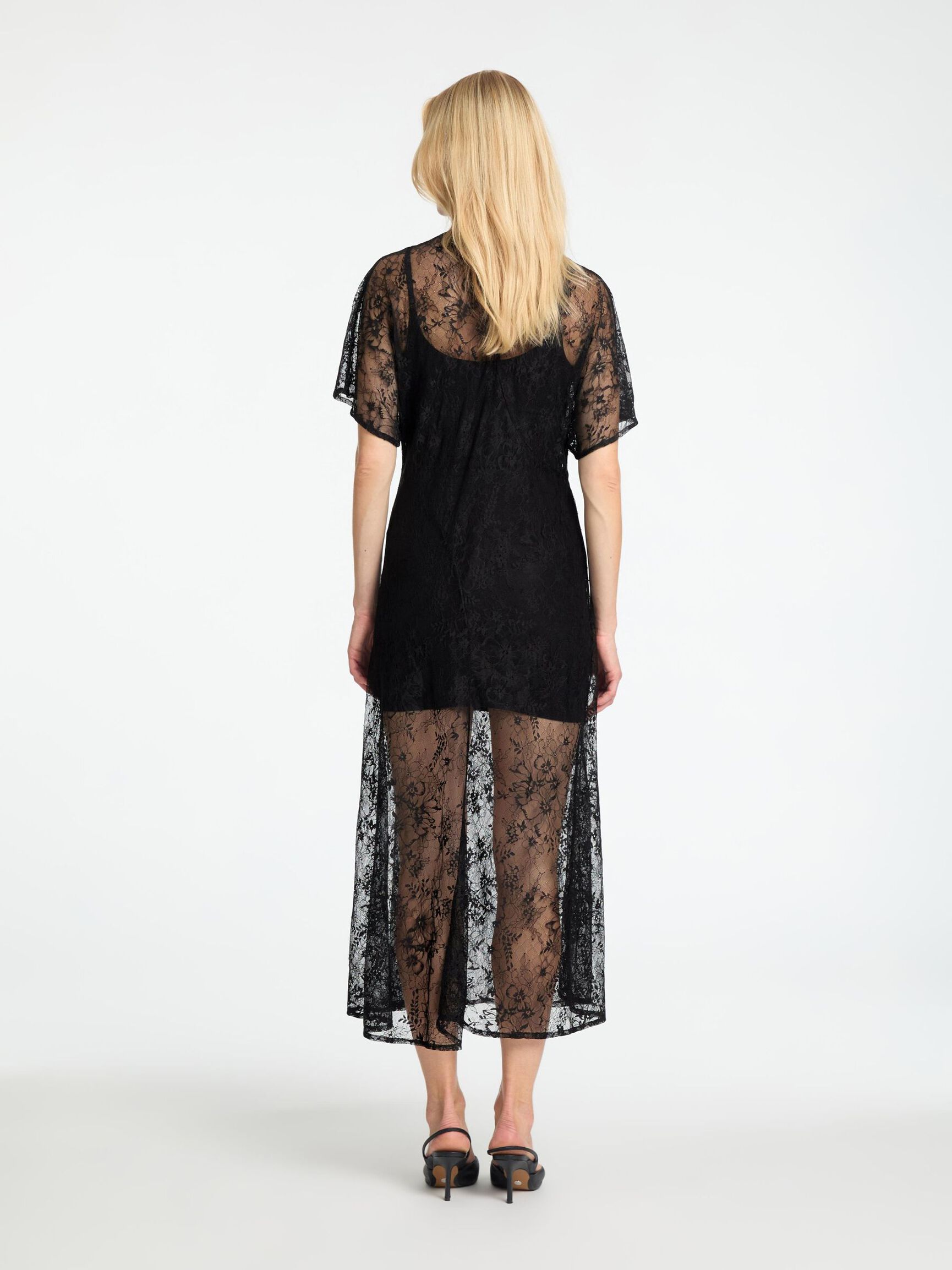 LACE MIDI DRESS, Black, highres