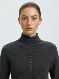 HIGH-NECK BUTTON-THROUGH KNITTED CARDIGAN, Medium Grey Melange, highres