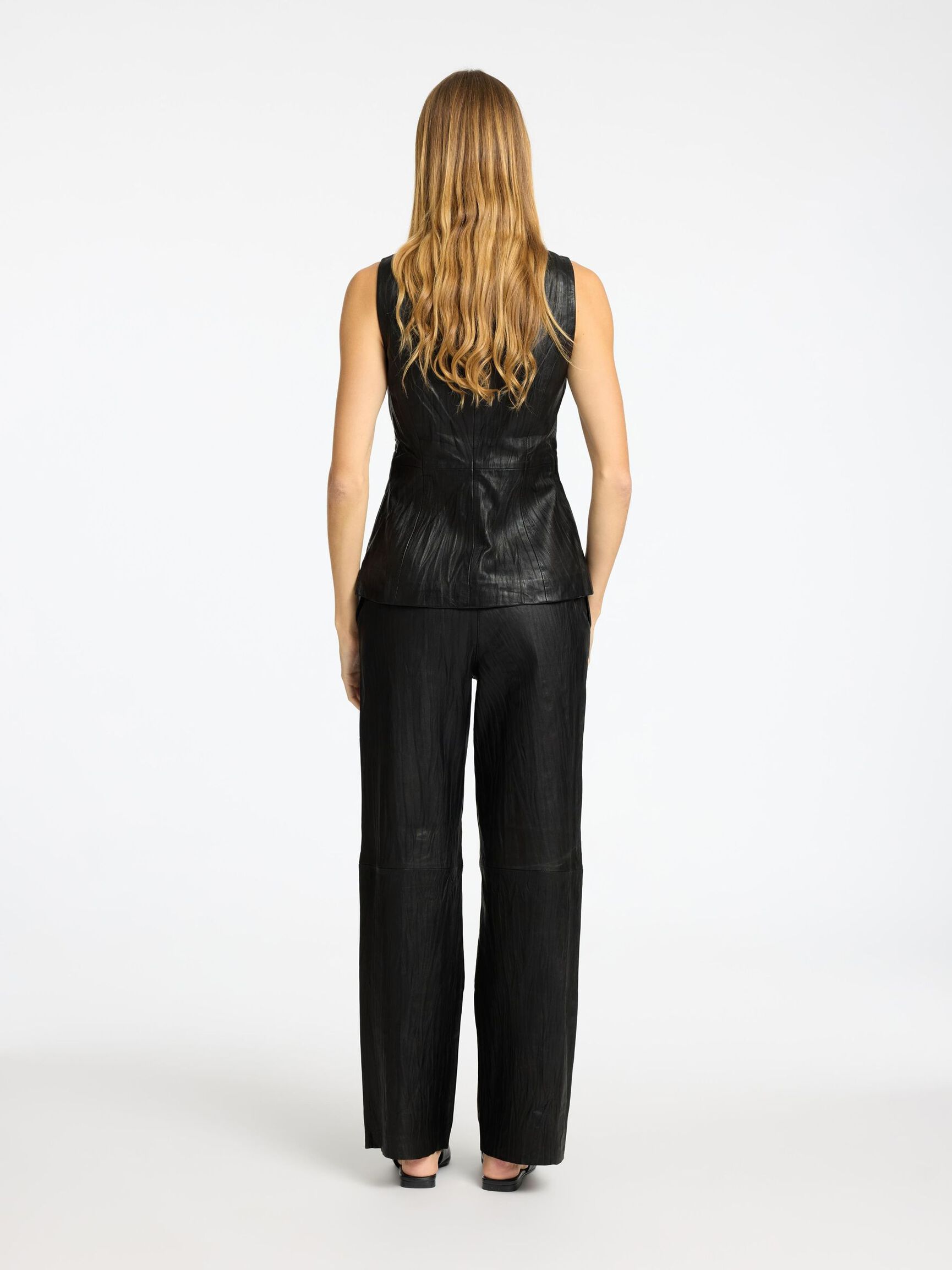 MID WAIST LEATHER TROUSERS, Black, highres