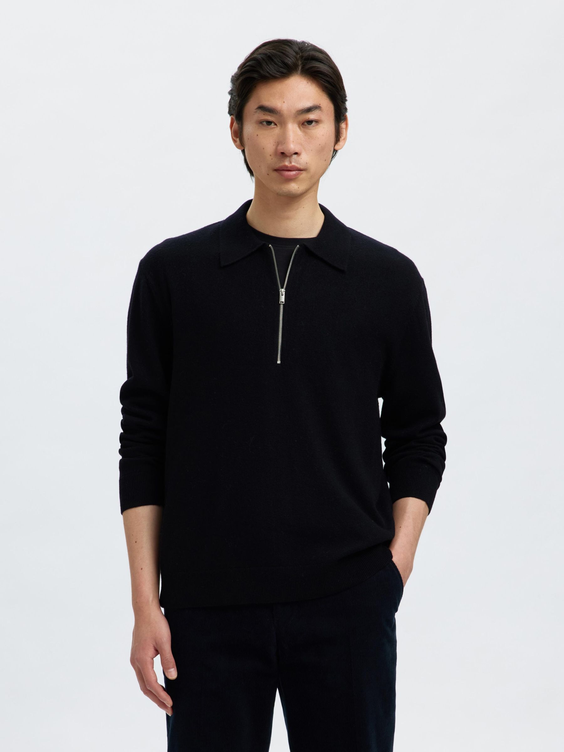 100% MERINO WOOL  LONG-SLEEVED POLO, Black, highres