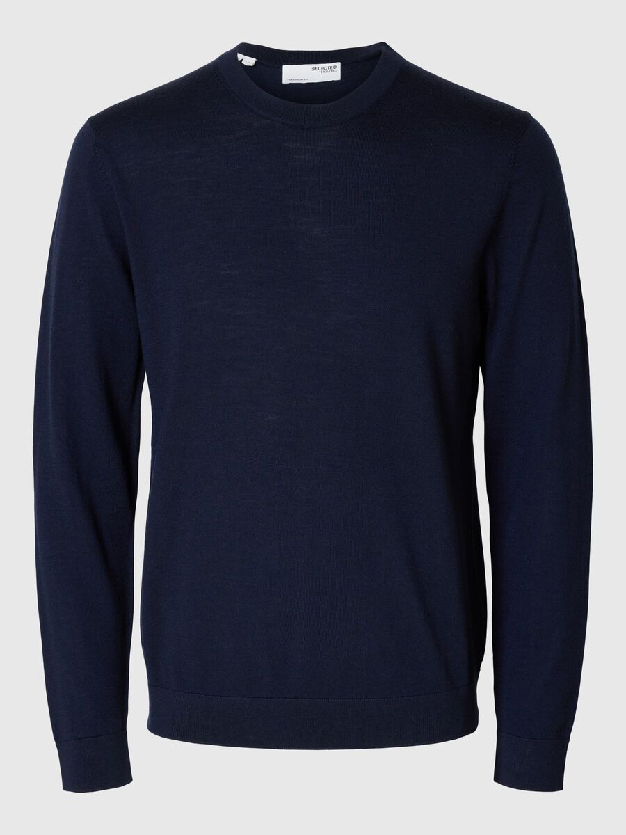 Selected 100% MERINOWOLL PULLOVER MIT RUNDHALSAUSSCHNITT, Navy Blazer, highres - 16094647_NavyBlazer_001.jpg
