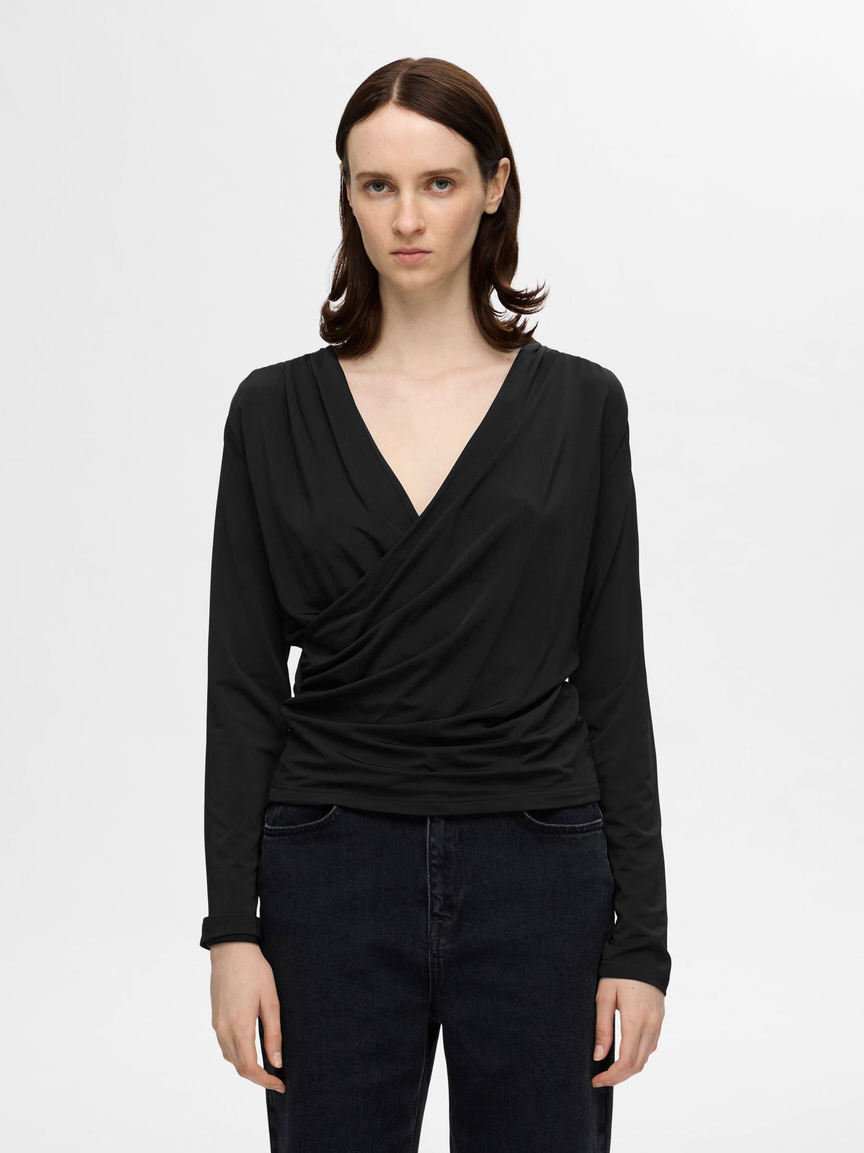VISCOSE BLEND WRAP TOP, Black, highres