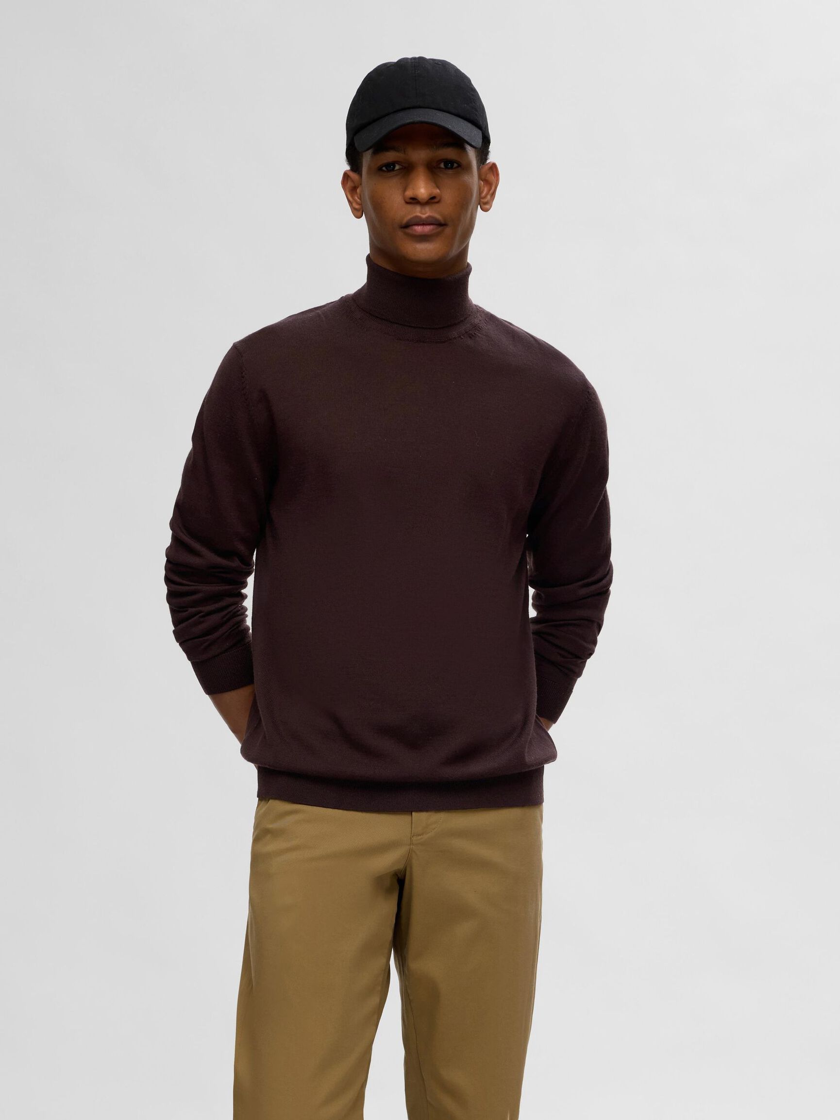 100% MERINOWOLL ROLLKRAGENPULLOVER, Chocolate Torte, highres