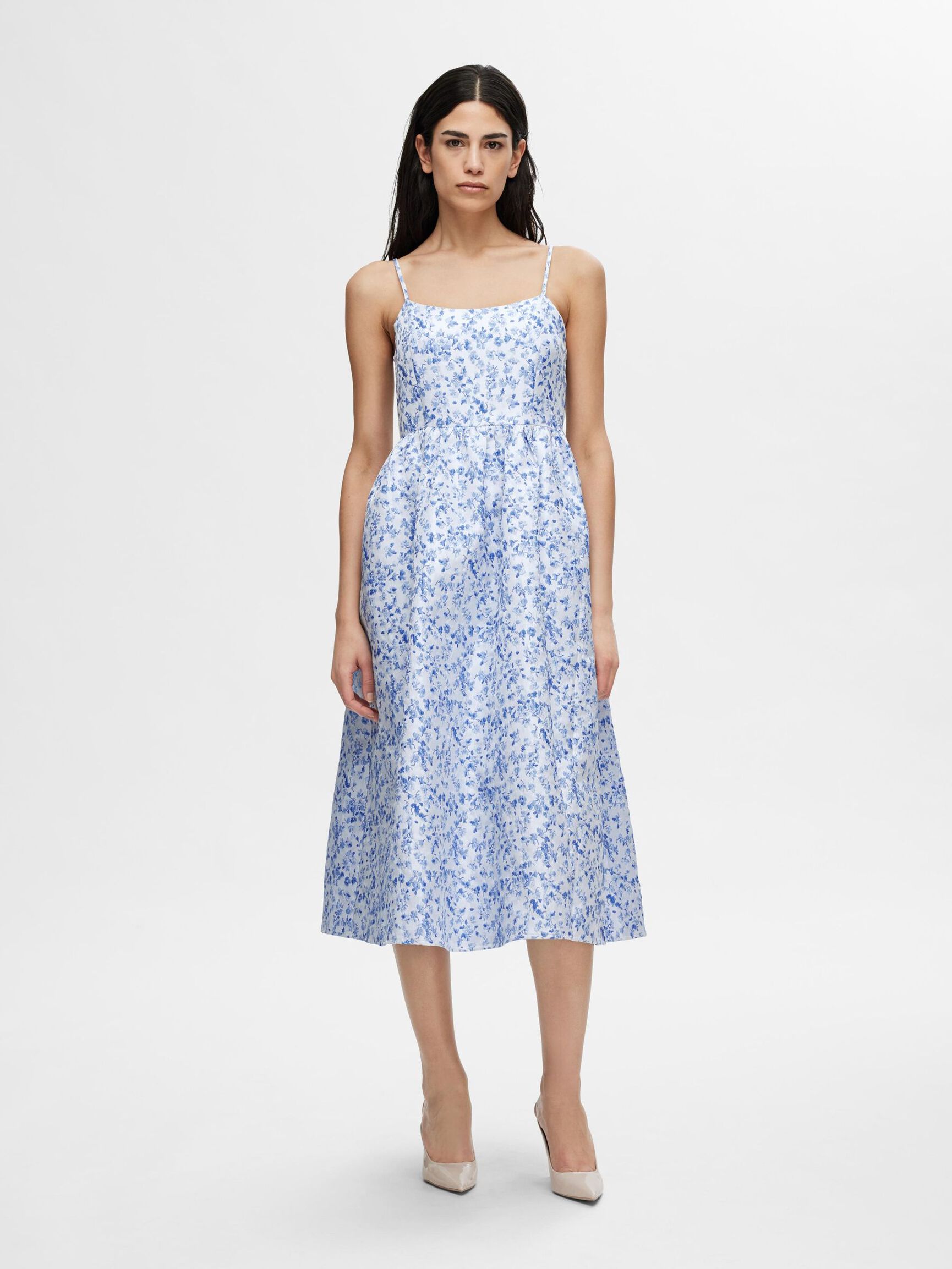 FLORAL PRINTED SLEEVELESS MIDI DRESS, Sky Blue, highres