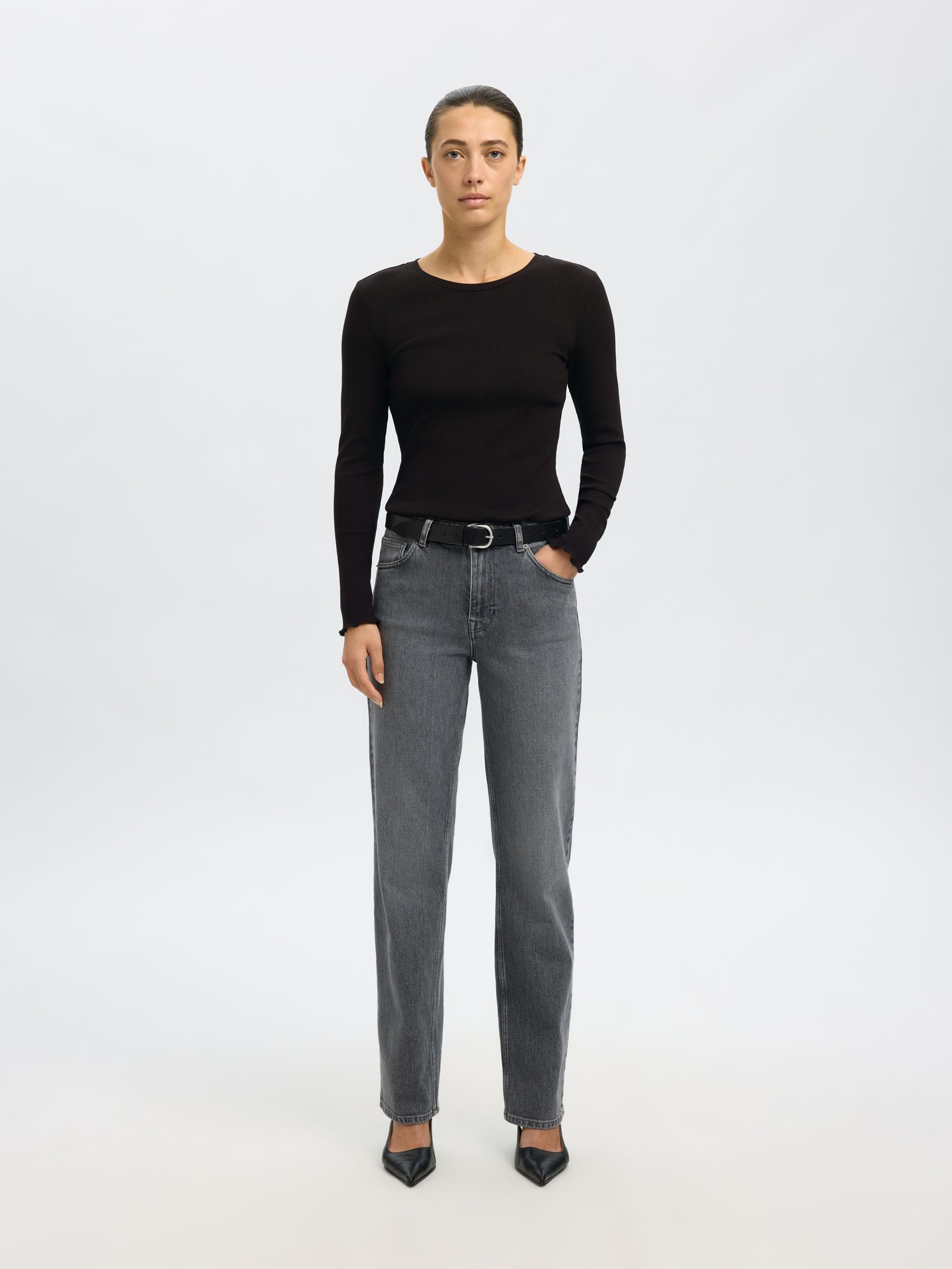 RIBBET TOP MED LANGE ÆRMER, Black, highres