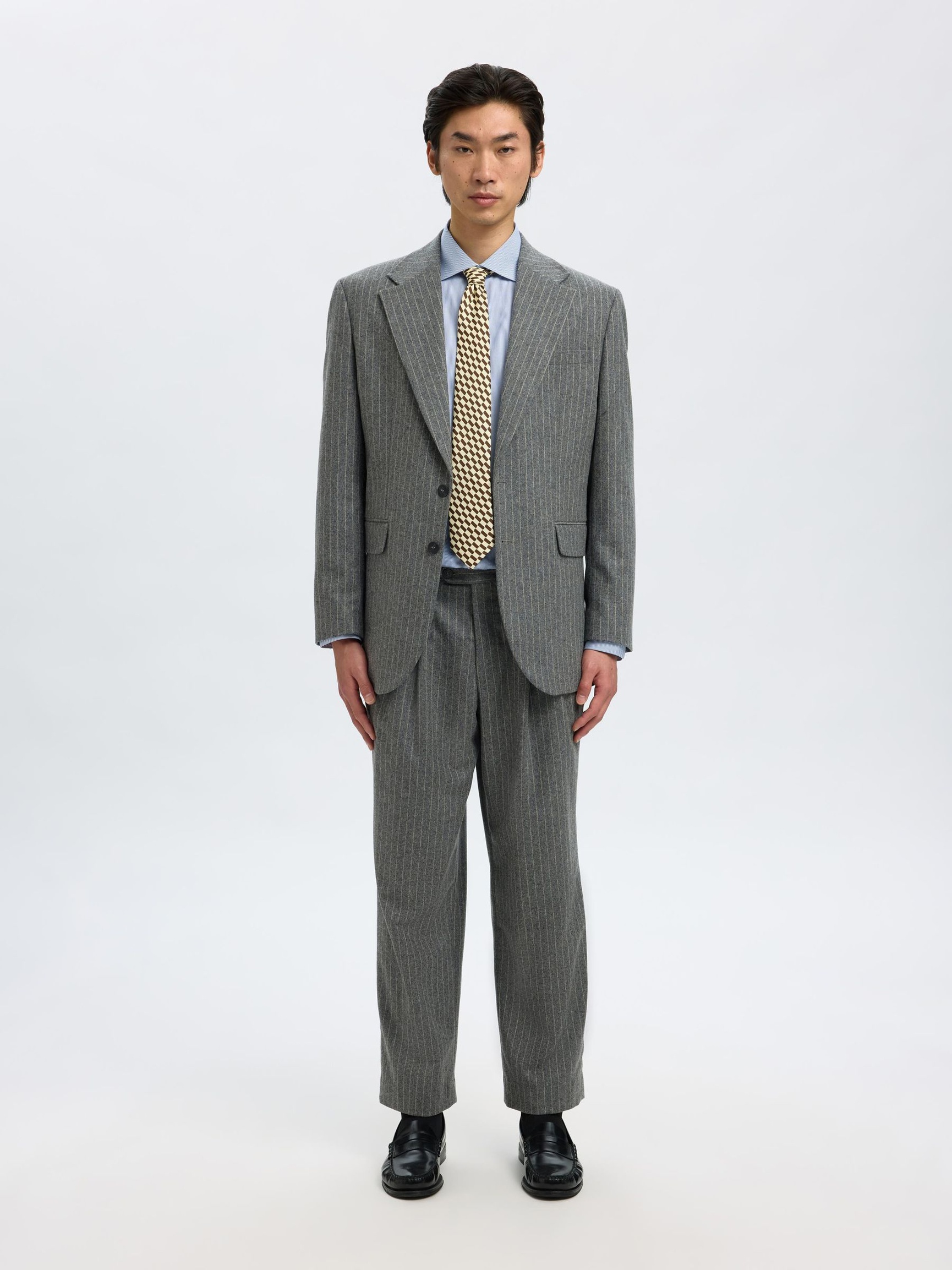NÅLESTRIBET ENKELTRADET BLAZER, Medium Grey Melange, highres