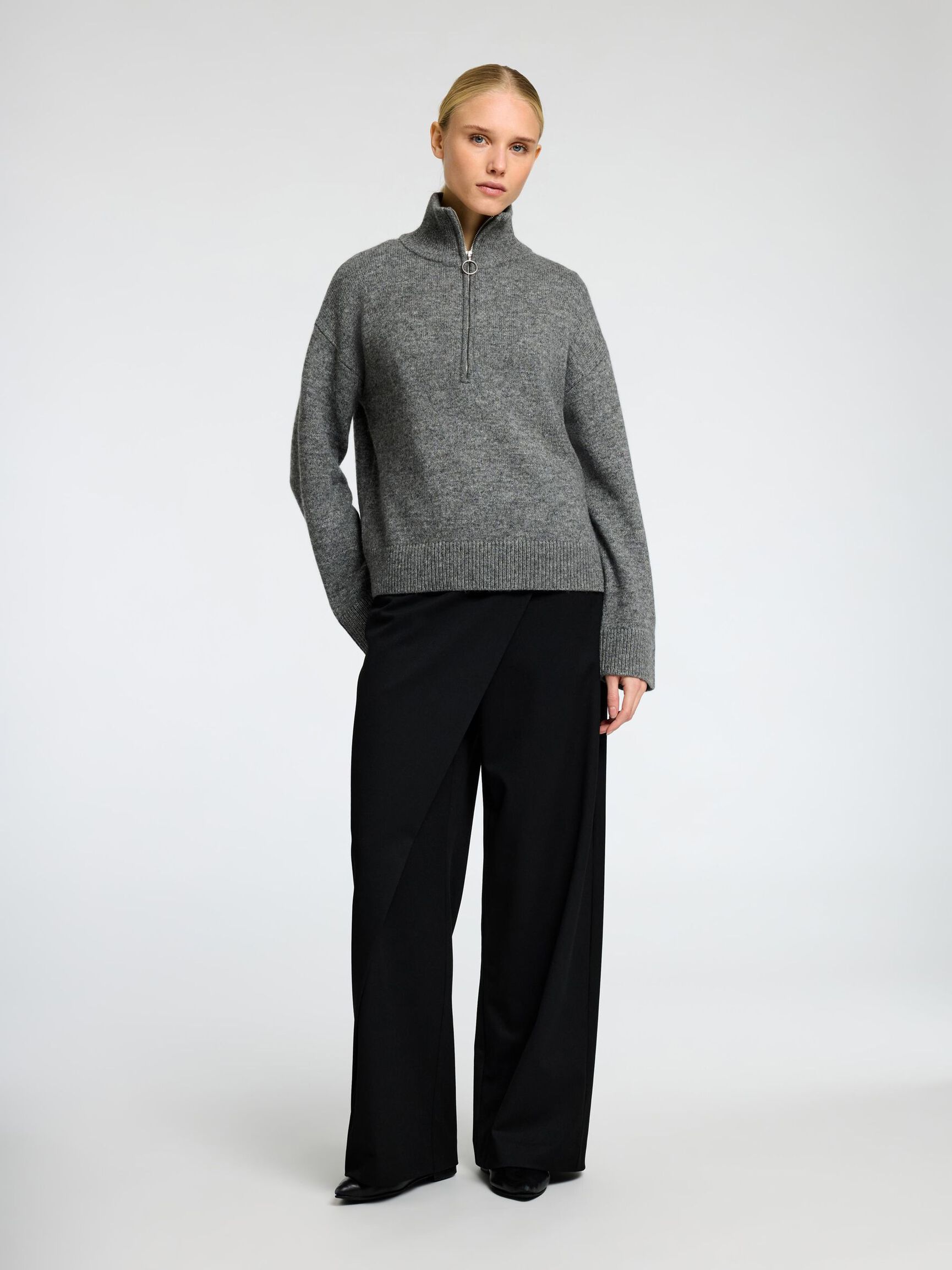 SWETER Z KRÓTKIM ZAMKIEM, Medium Grey Melange, highres