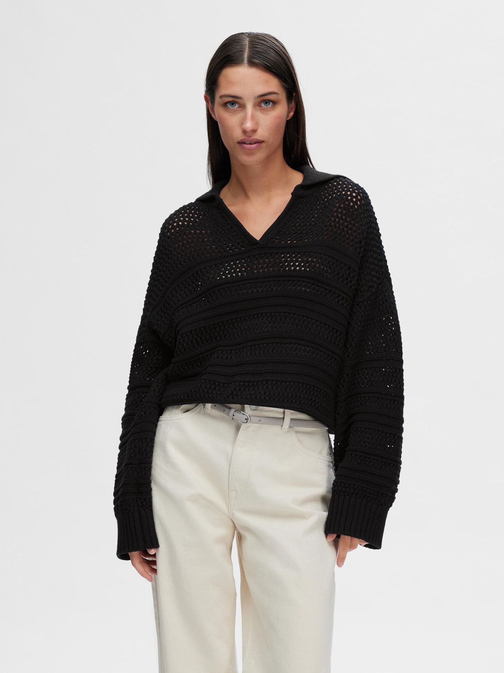 CROCHET-STYLE PULLOVER, Black, highres