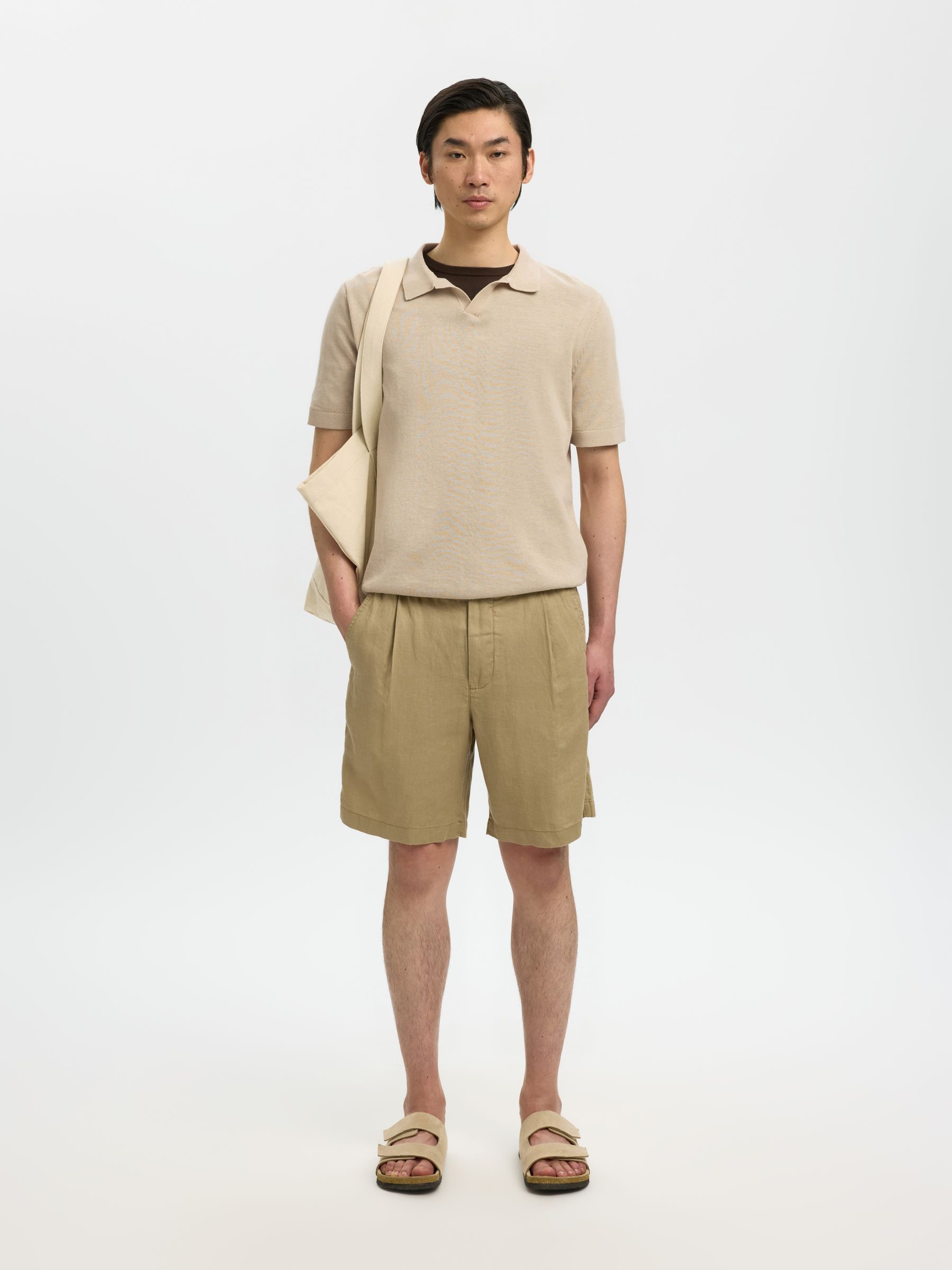KORTÆRMET STRIKKET POLOSHIRT, Oatmeal, highres
