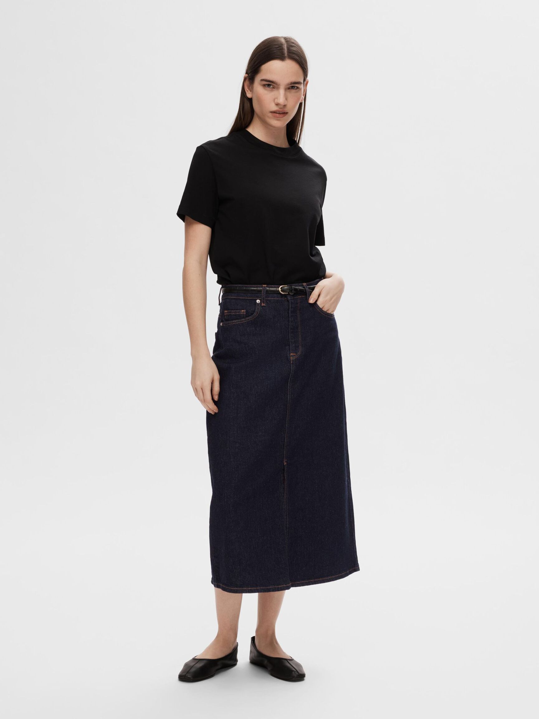 DENIM MIDDELLANGE ROK, Dark Blue Denim, highres