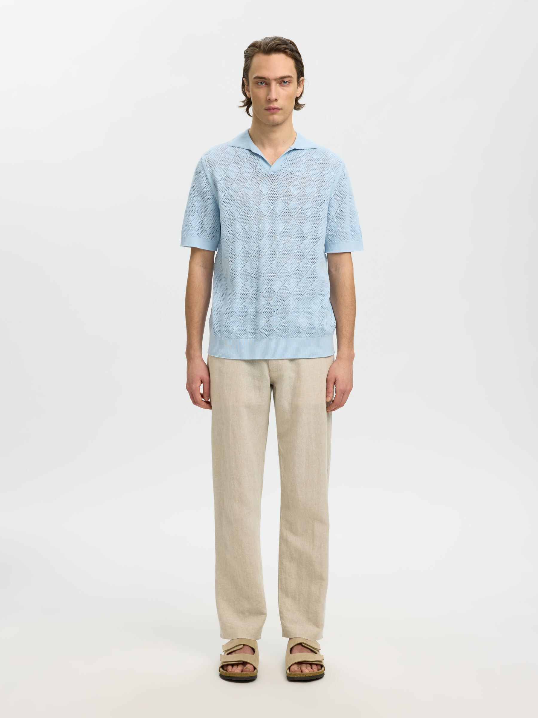 SHORT SLEEVED KNITTED POLO SHIRT, Cashmere Blue, highres