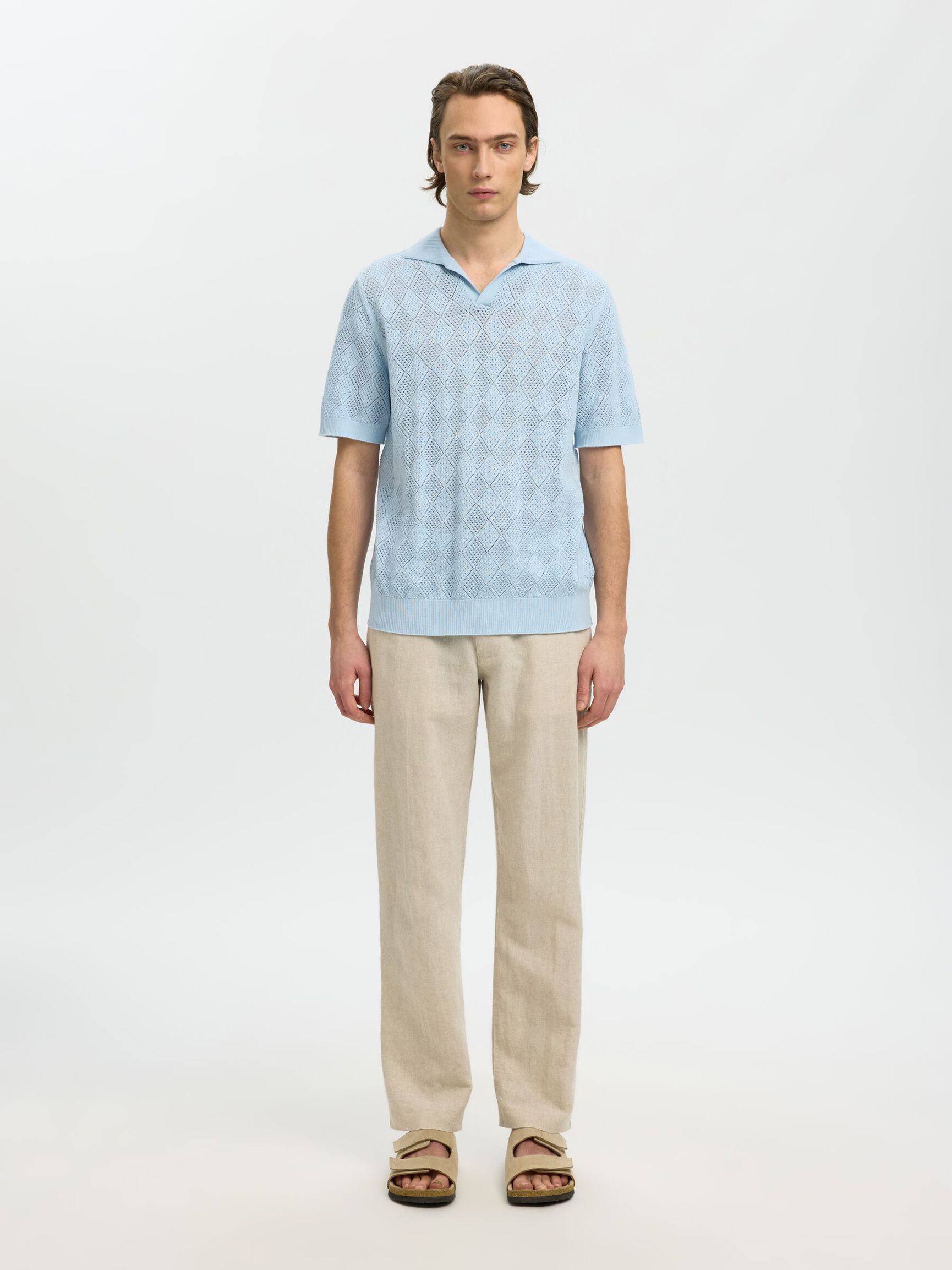 SHORT SLEEVED KNITTED POLO SHIRT, Cashmere Blue, highres