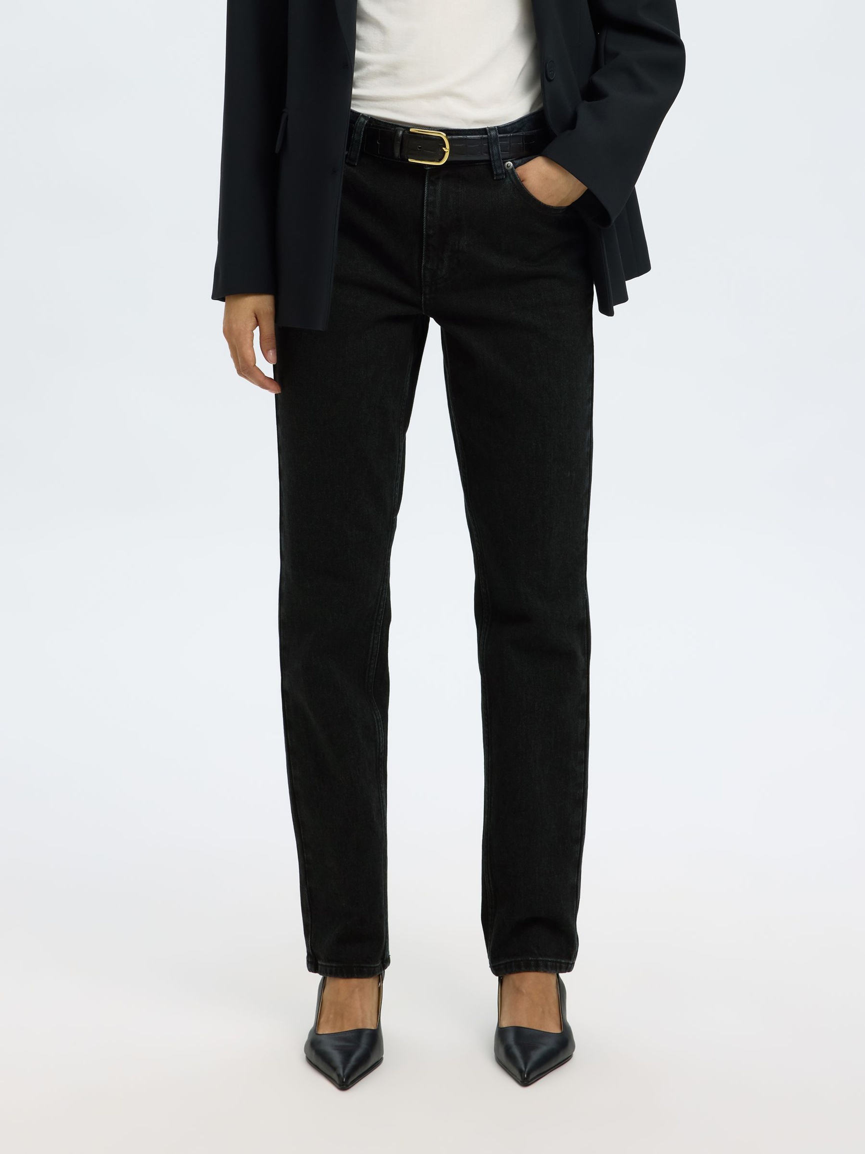MID WAIST SLIM JEANS MED TAPERED FIT, Black Denim, highres