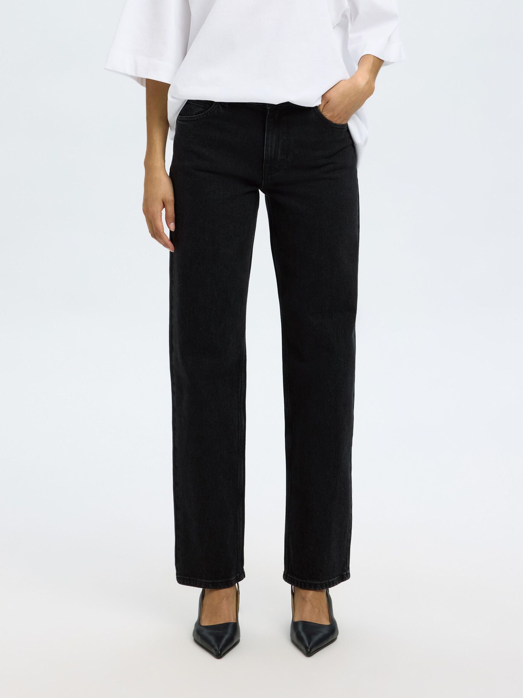 HIGH WAIST WIDE LEG JEANS, Black Denim, highres