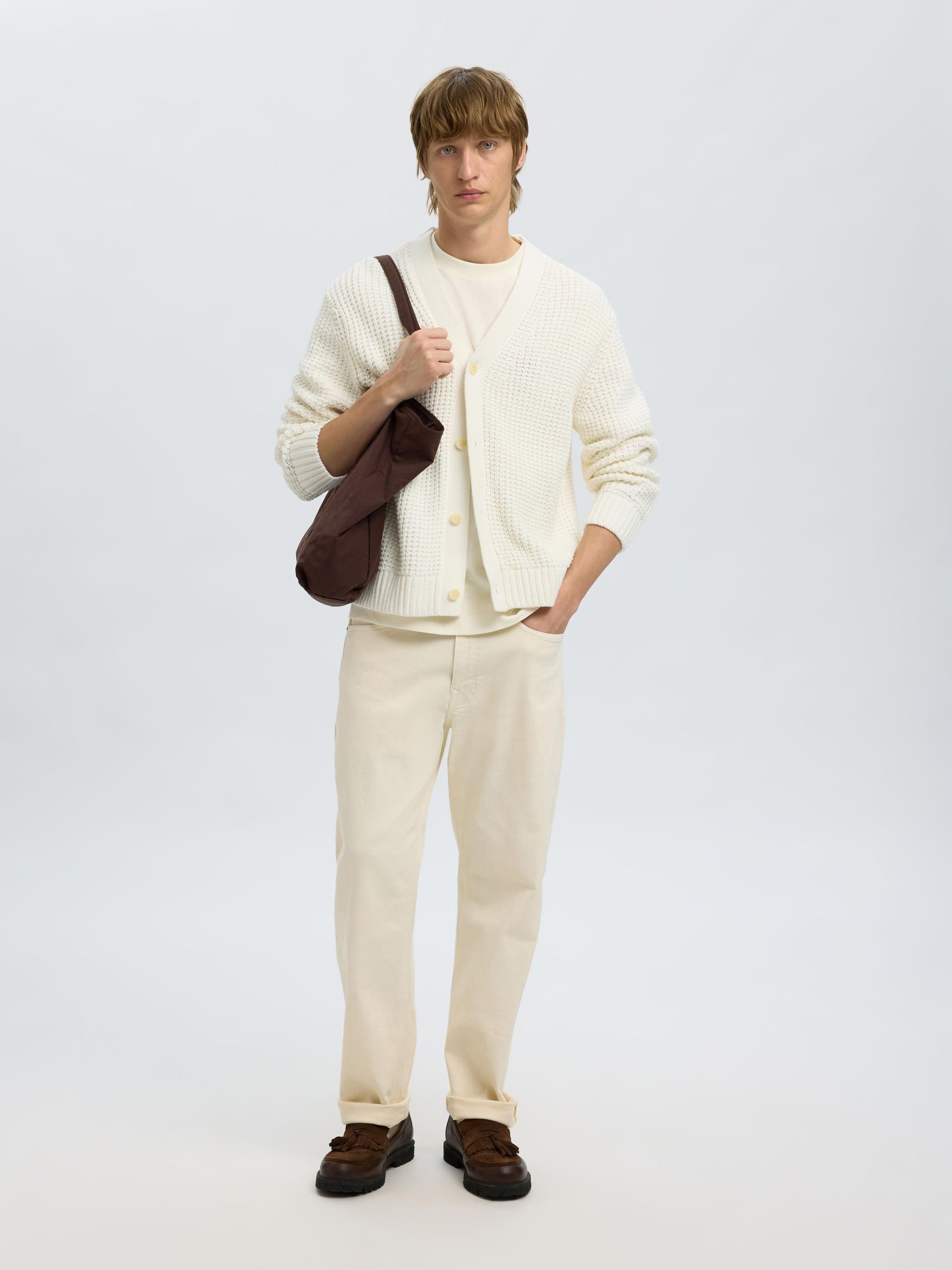 RELAXED FIT COTTON CARDIGAN, Egret, highres