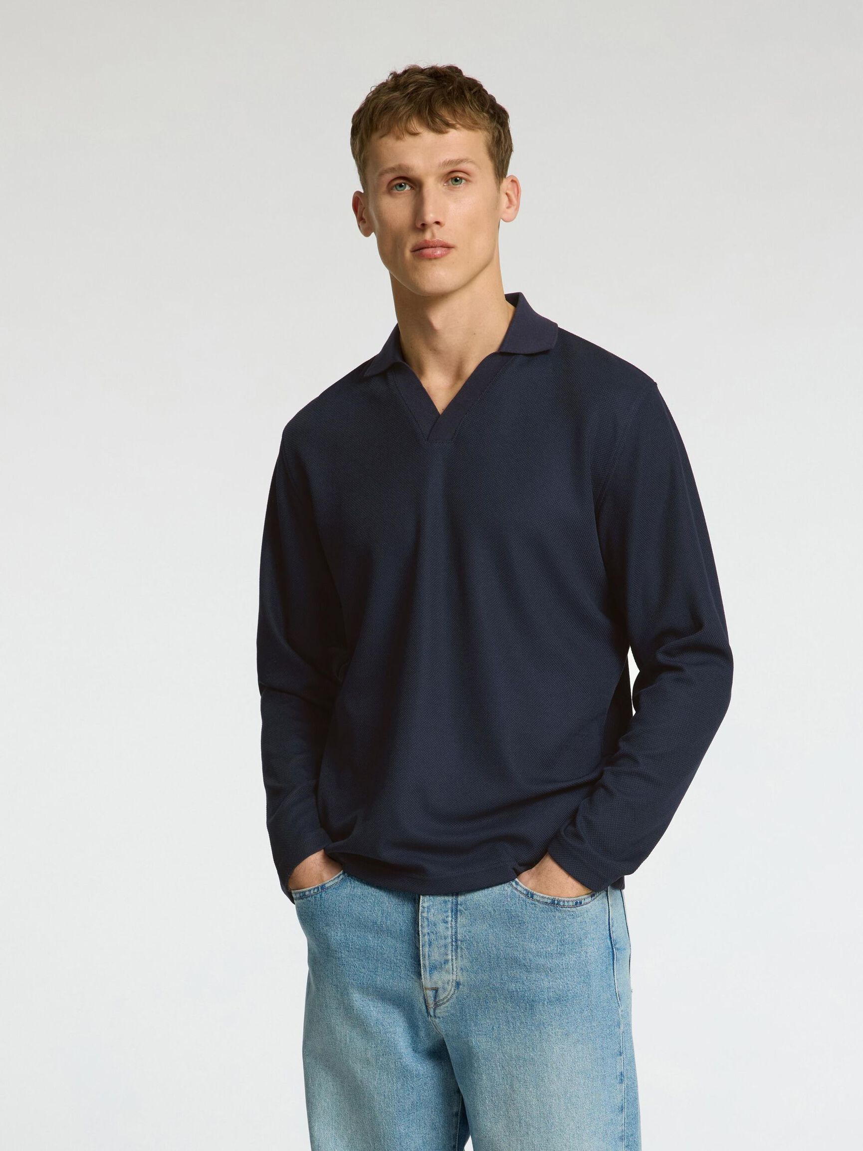 KNITTED LONG-SLEEVED POLO, Sky Captain, highres
