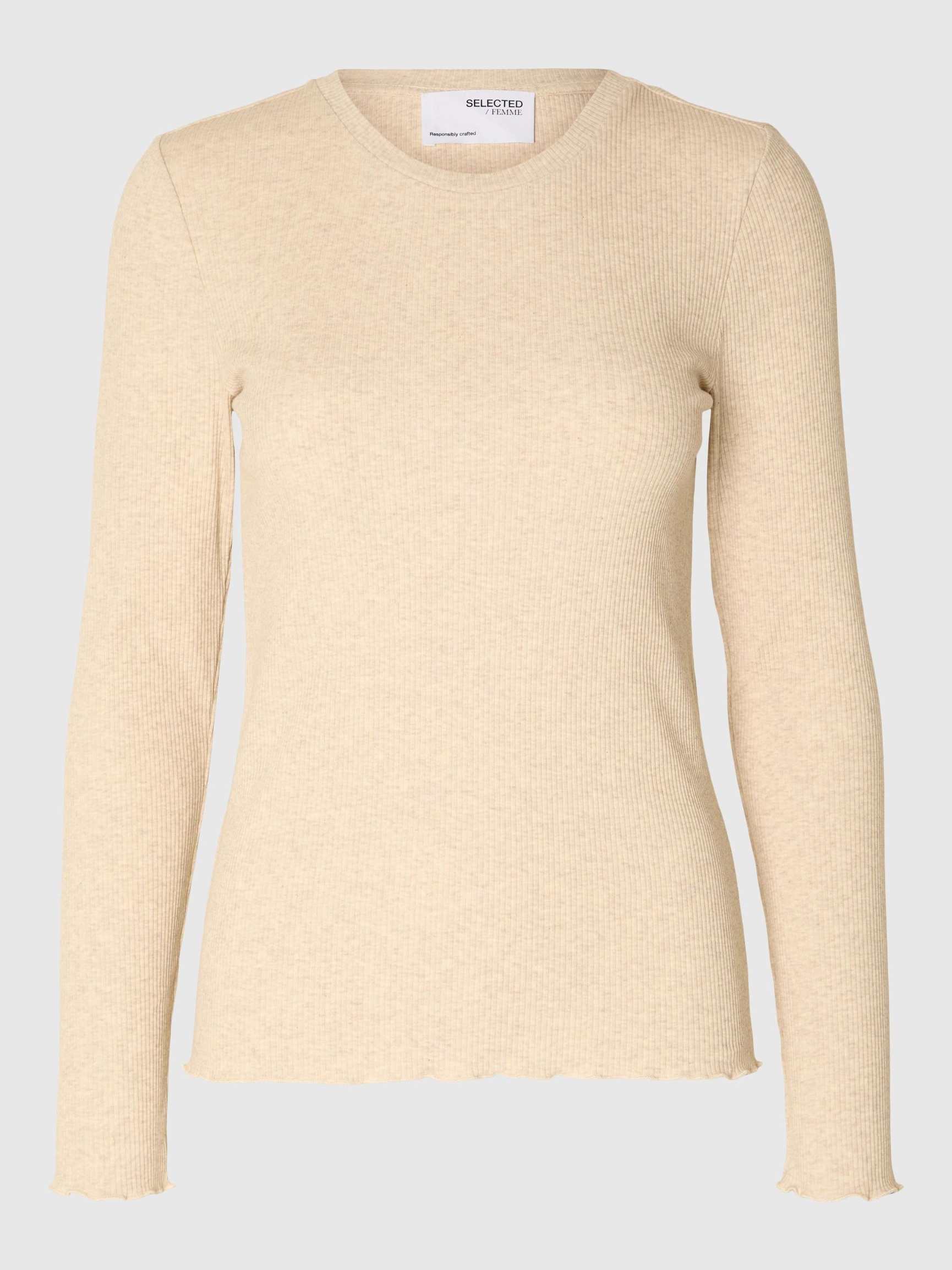 RIBBED LONG SLEEVED TOP, Oatmeal, highres