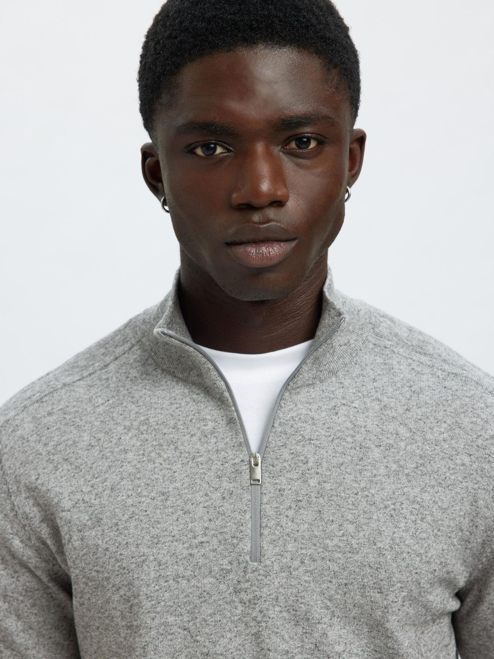 HALF-ZIP KNITTED JUMPER, Light Grey Melange, highres