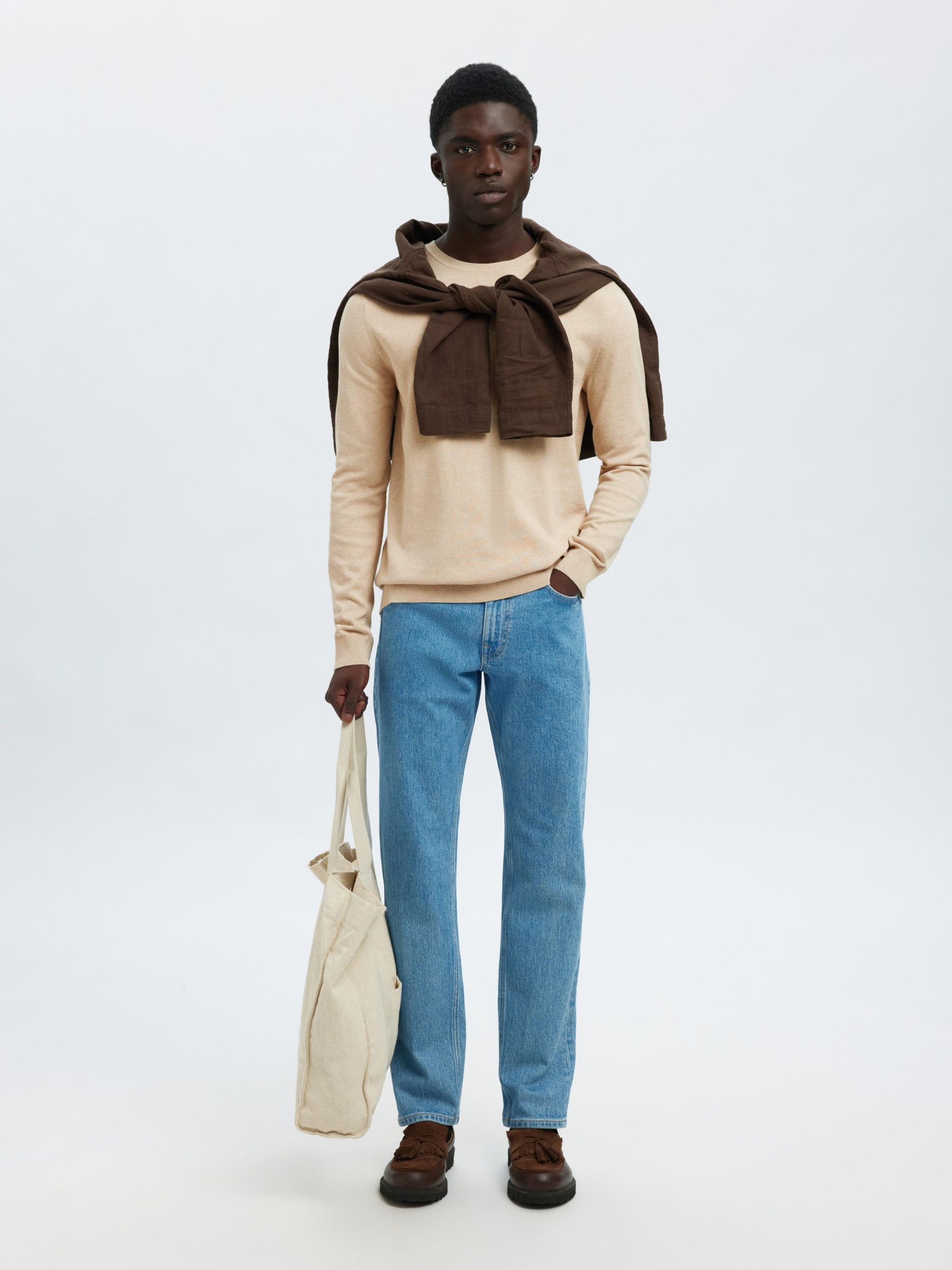 LANGARM PULLOVER MIT RUNDHALSAUSSCHNITT, Oatmeal, highres