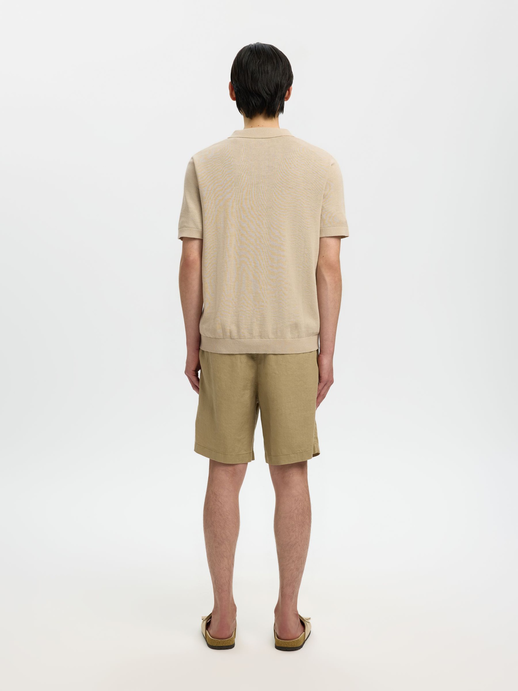 KORTÆRMET STRIKKET POLOSHIRT, Oatmeal, highres