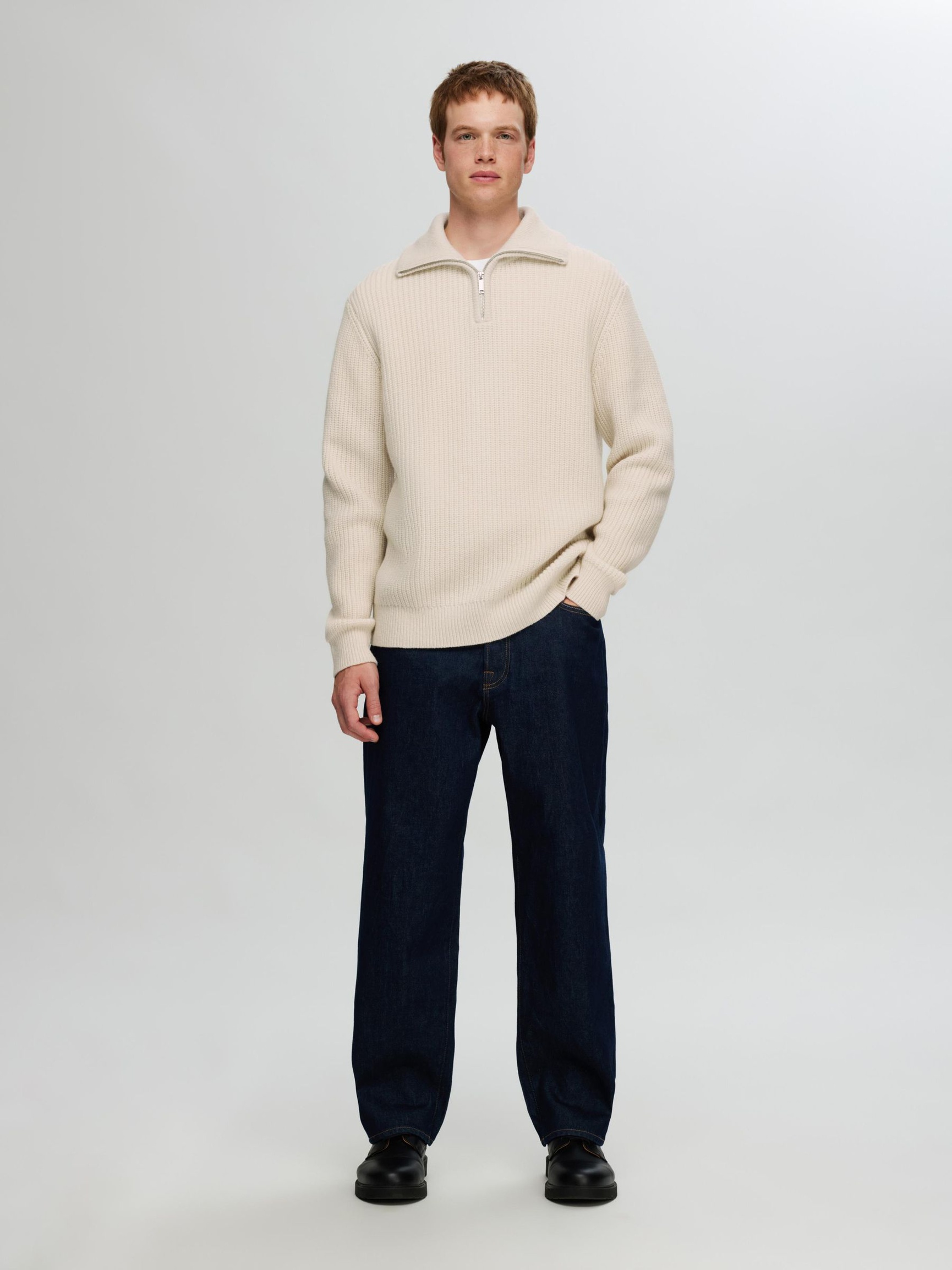 WOLLGEMISCH STRICK HALF-ZIP PULLOVER, Tofu, highres