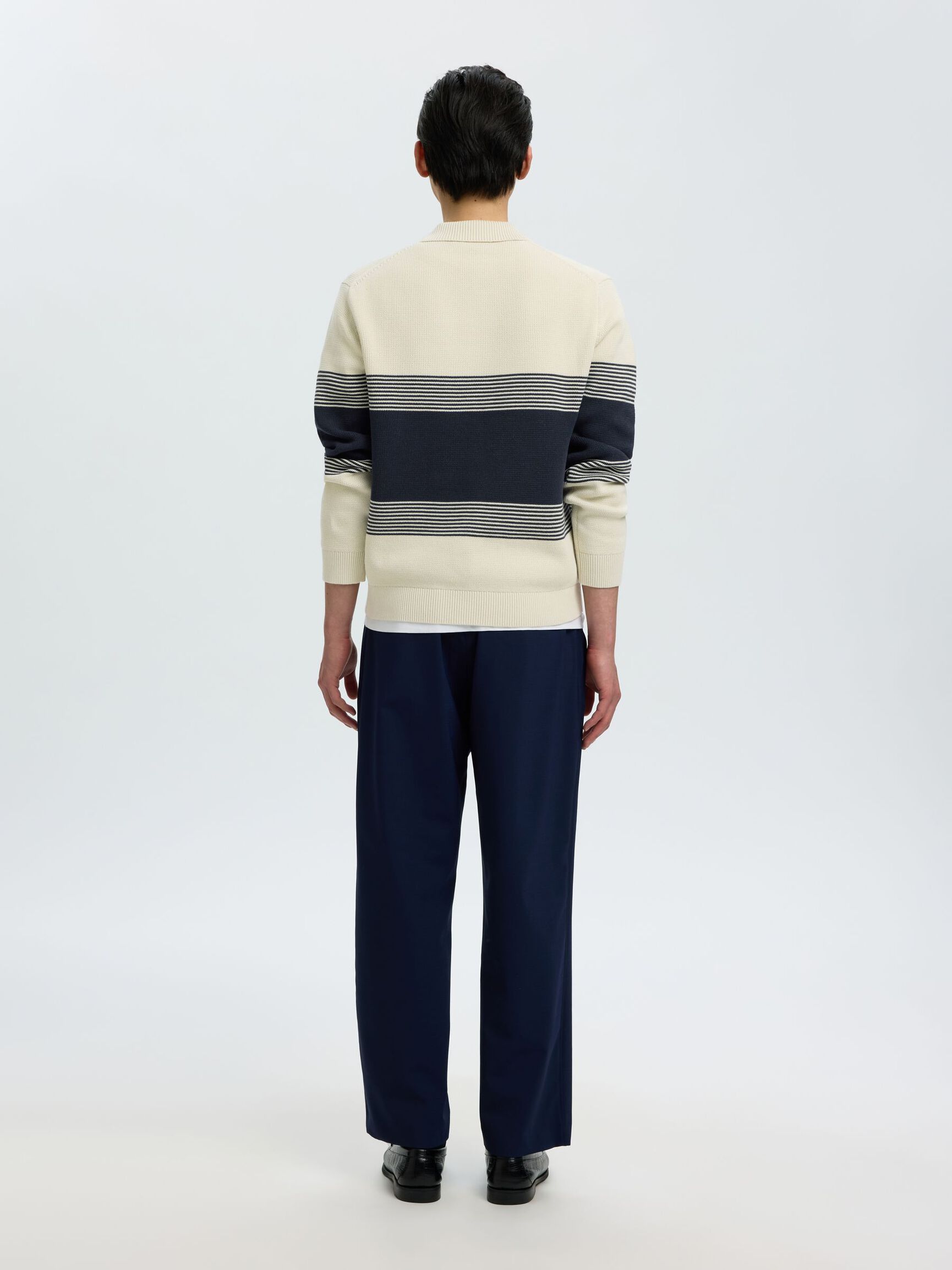 STRIPED KNITTED POLO SHIRT, Silver Birch, highres