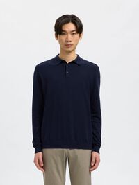 KNITTED LONG-SLEEVED POLO SHIRT, Navy Blazer, highres
