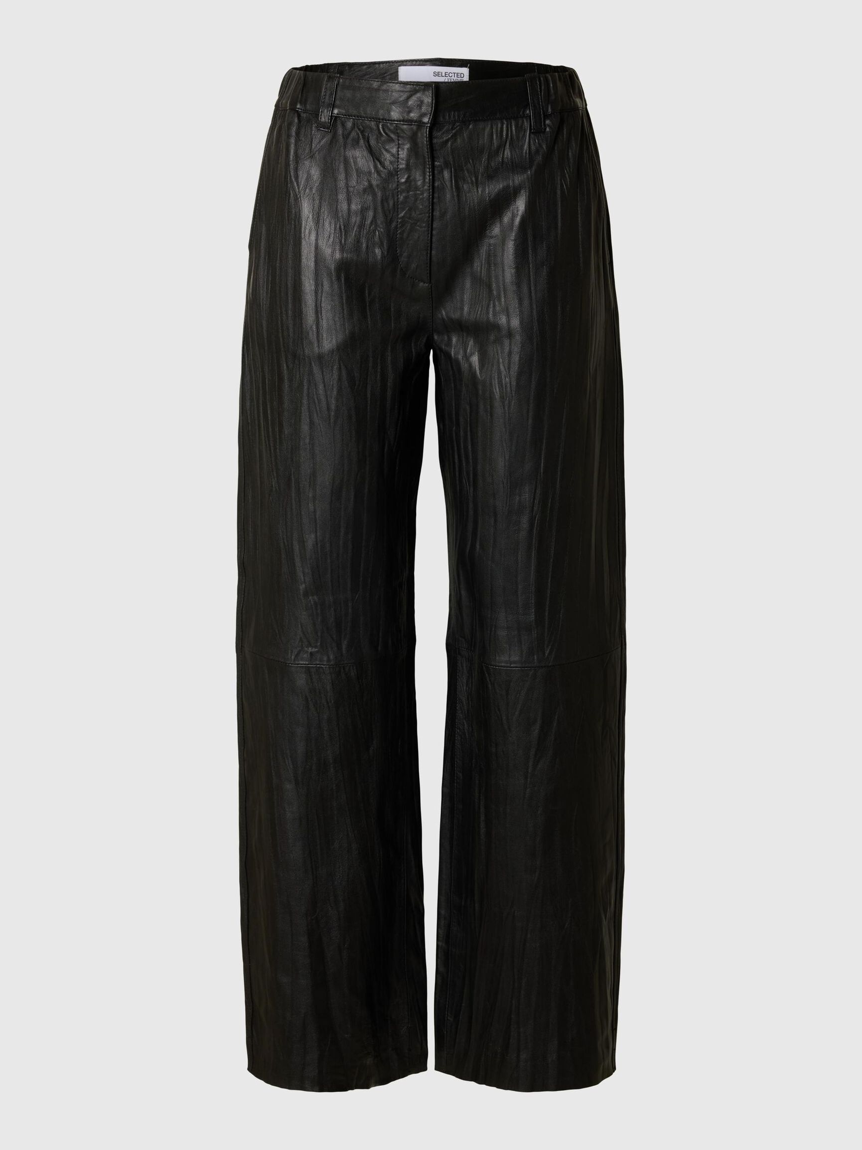 MID WAIST LEATHER TROUSERS, Black, highres