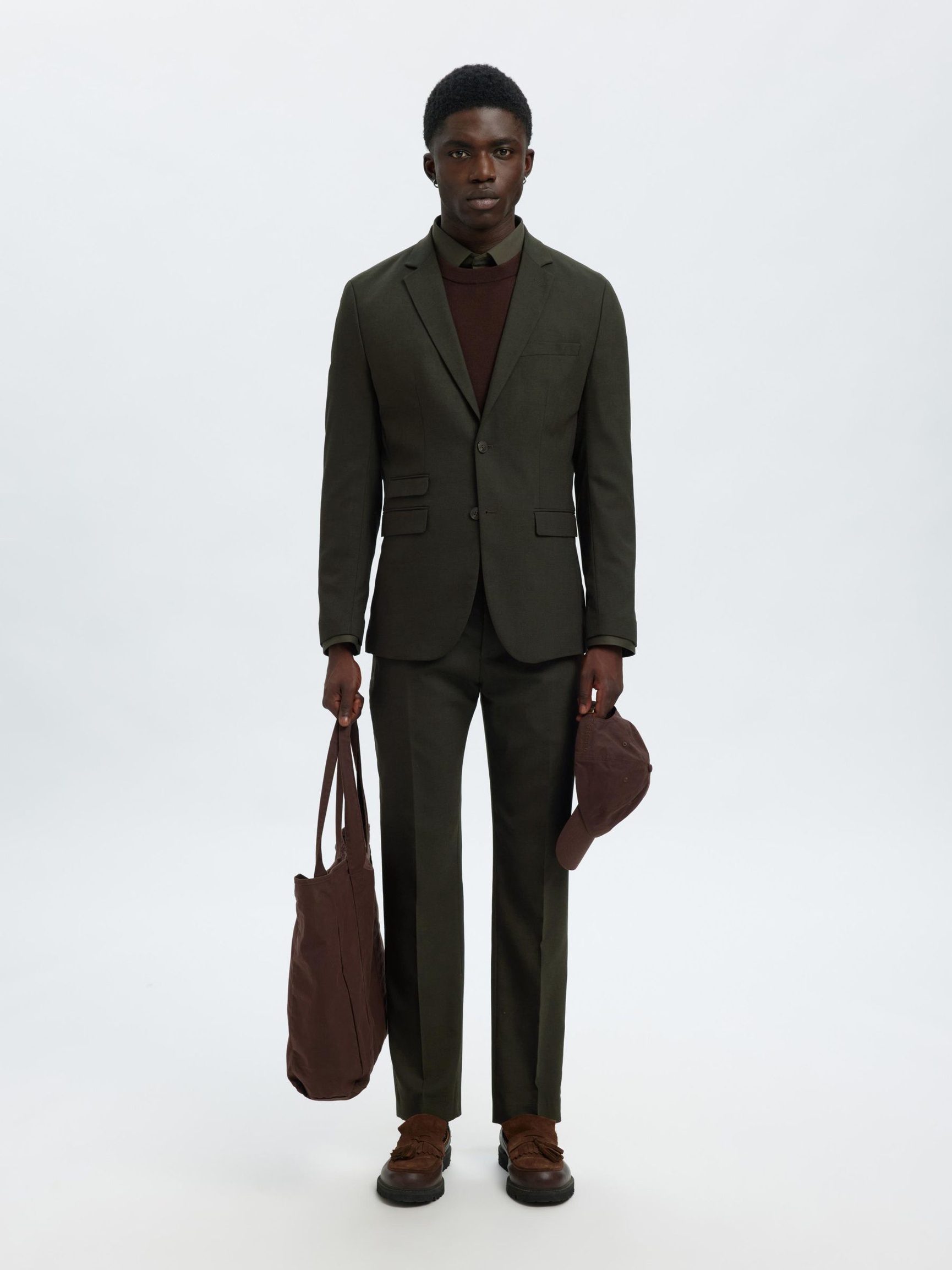 WOVEN WOOL BLEND BLAZER, Dark Green, highres
