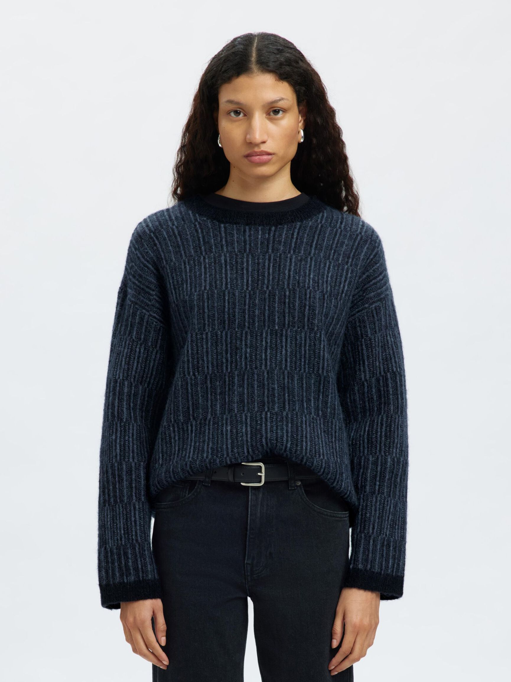WOOL BLEND KNITTED JUMPER, Dark Sapphire, highres