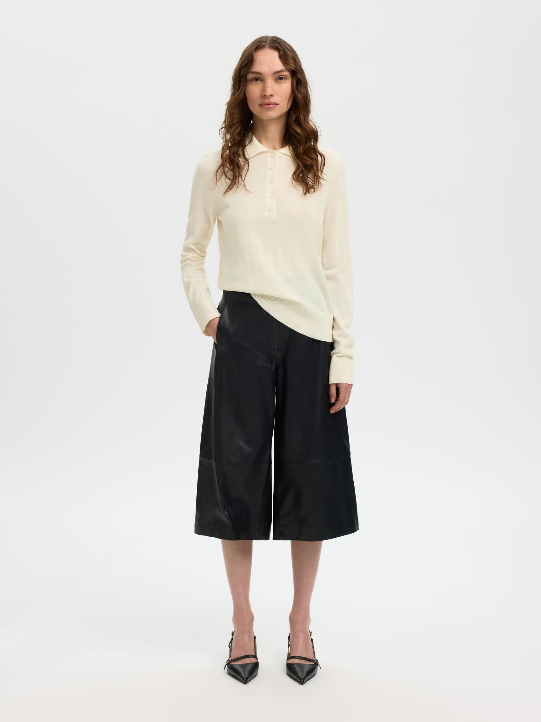 100% MERINOULD STRIKKET POLOSHIRT, Egret, highres