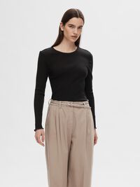 RIBBED LONG SLEEVED TOP, Black, highres