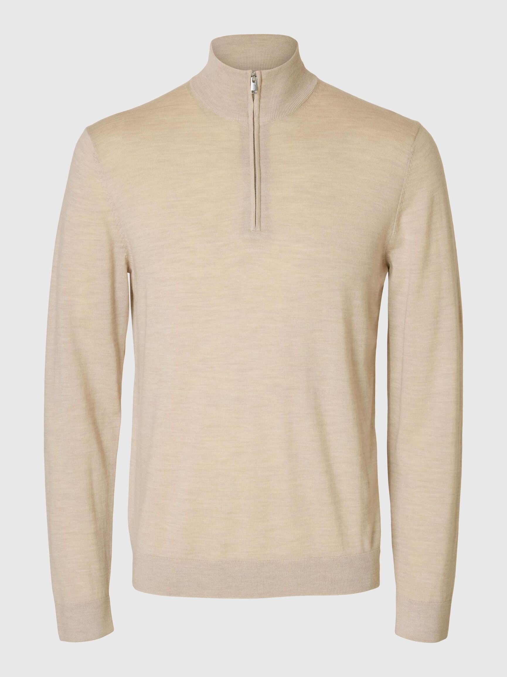 100% MERINO WOOL HALF-ZIP JUMPER, Oatmeal, highres