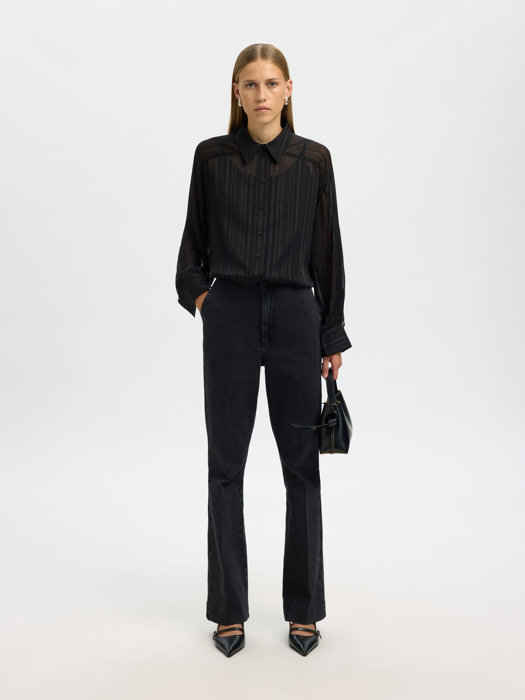 DOORSCHIJNENDE OVERHEMD MET LANGE MOUWEN, Black, highres