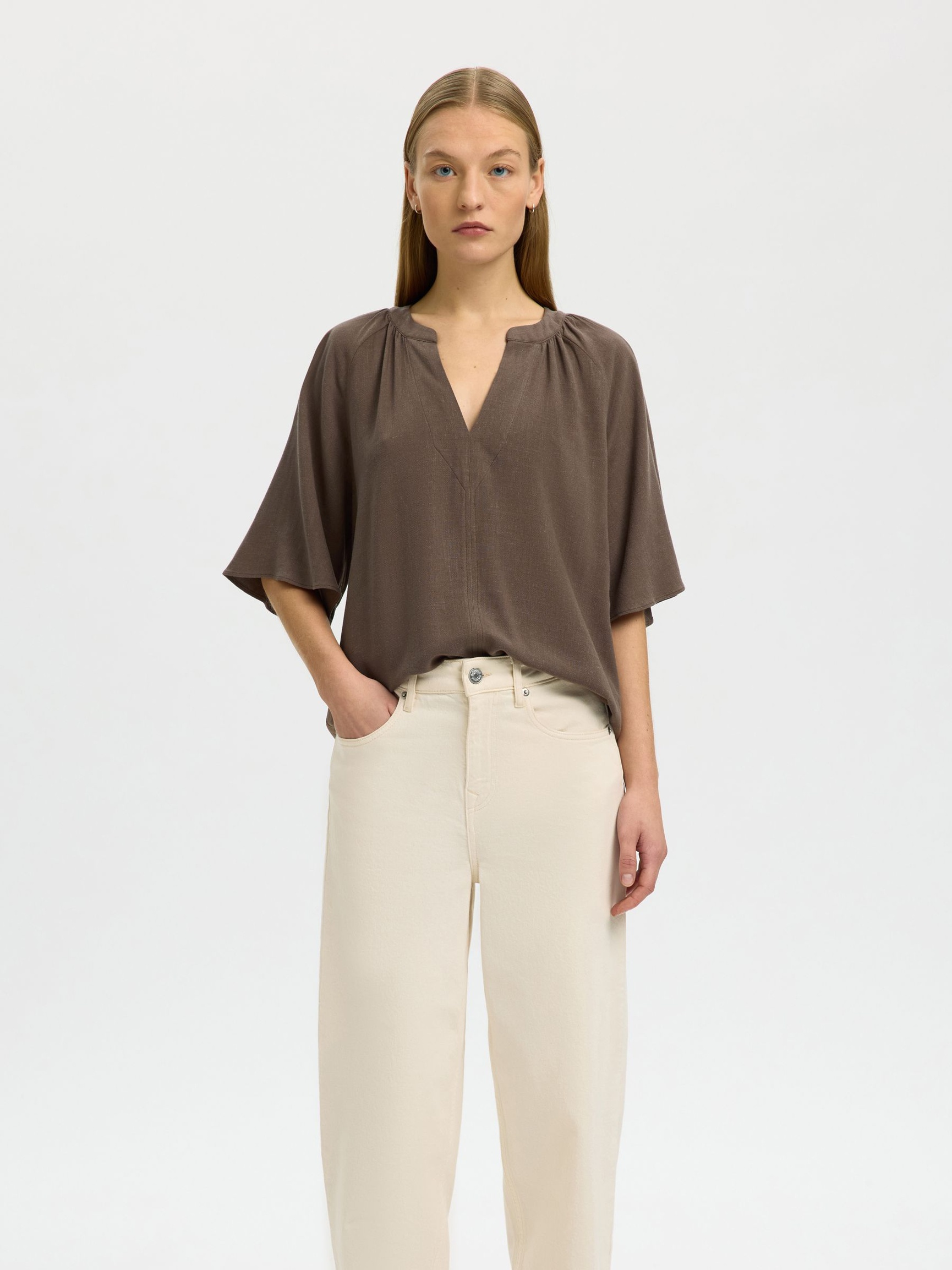 VISCOSE BLEND V-NECK BLOUSE, Chocolate Chip, highres