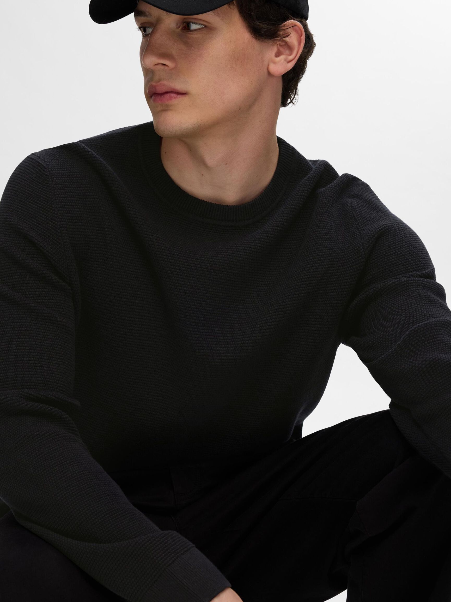 100% COTTON CREWNECK JUMPER, Black, highres