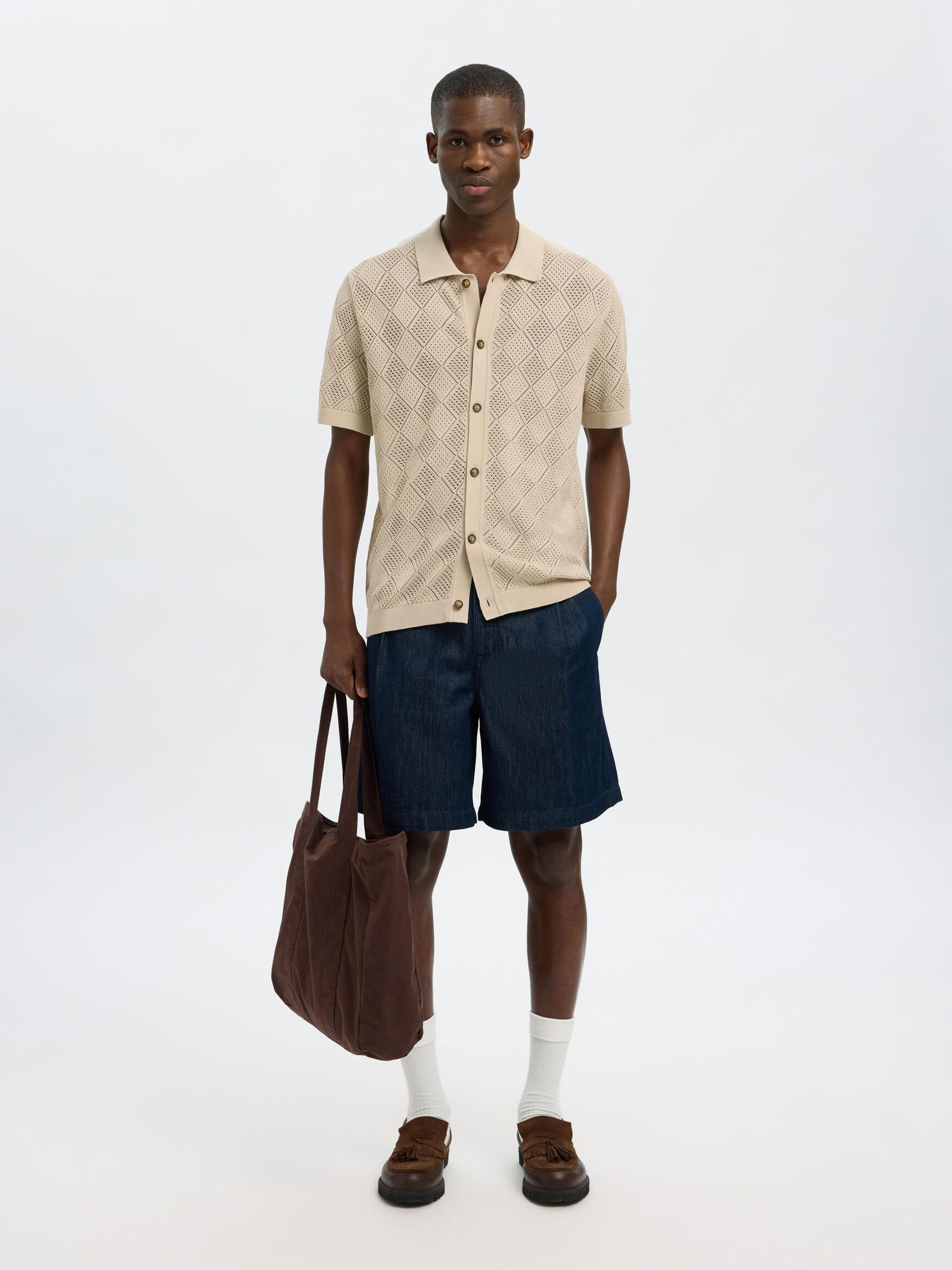 SHORT SLEEVED KNITTED POLO SHIRT, Oatmeal, highres