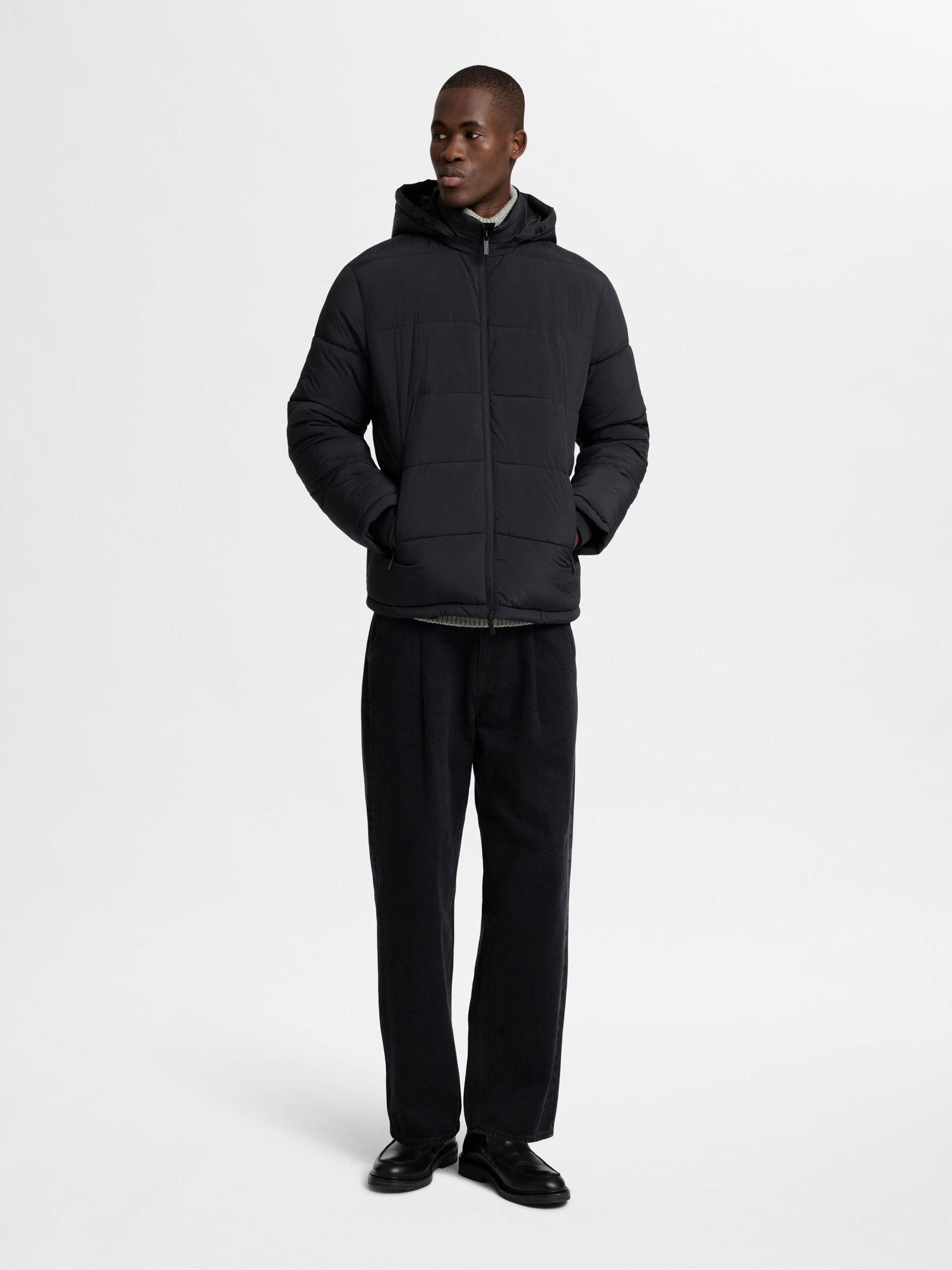 HOODED PUFFER JACKET, Black, highres