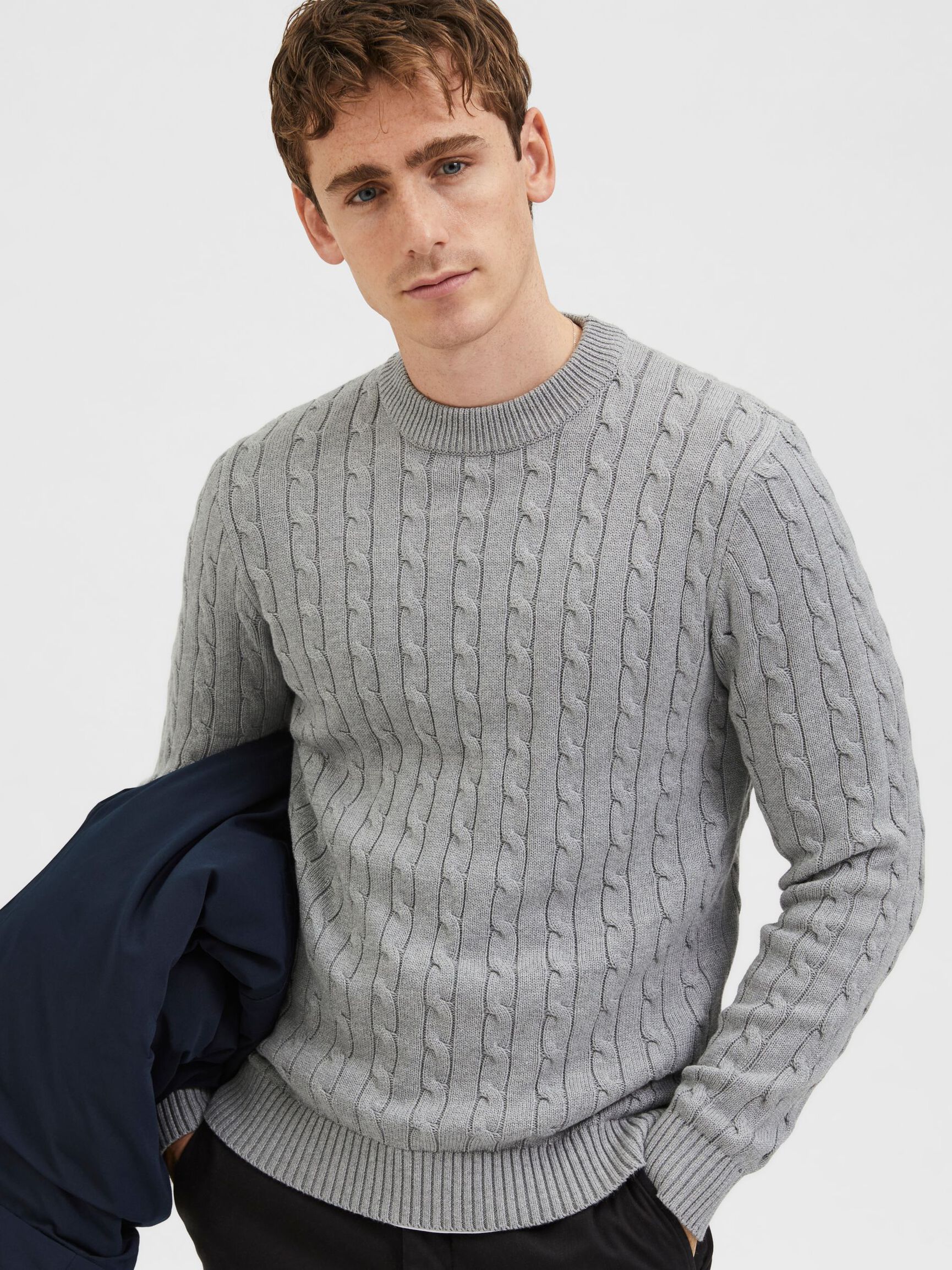 CABLE KNIT KNITTED JUMPER, Medium Grey Melange, highres