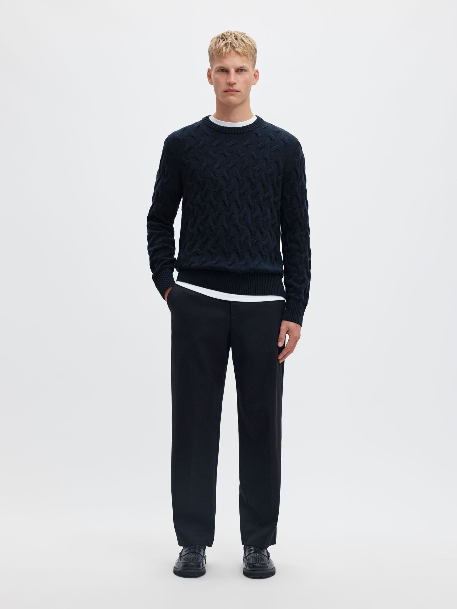 CABLE KNIT CREWNECK JUMPER, Sky Captain, highres
