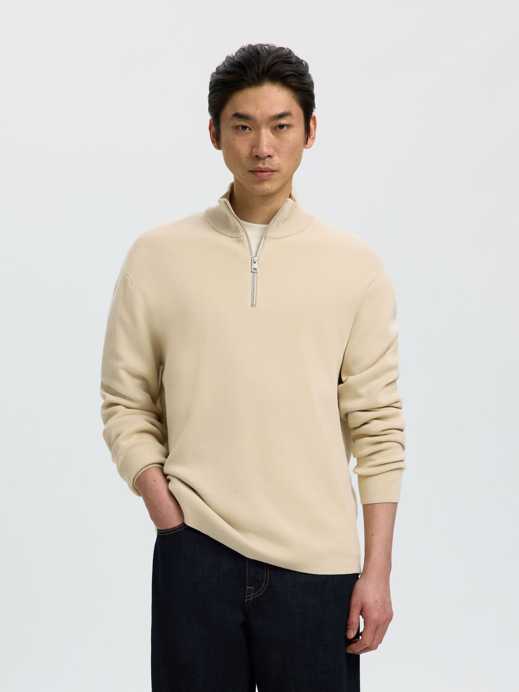 HALF ZIP PULLOVER, Oatmeal, highres