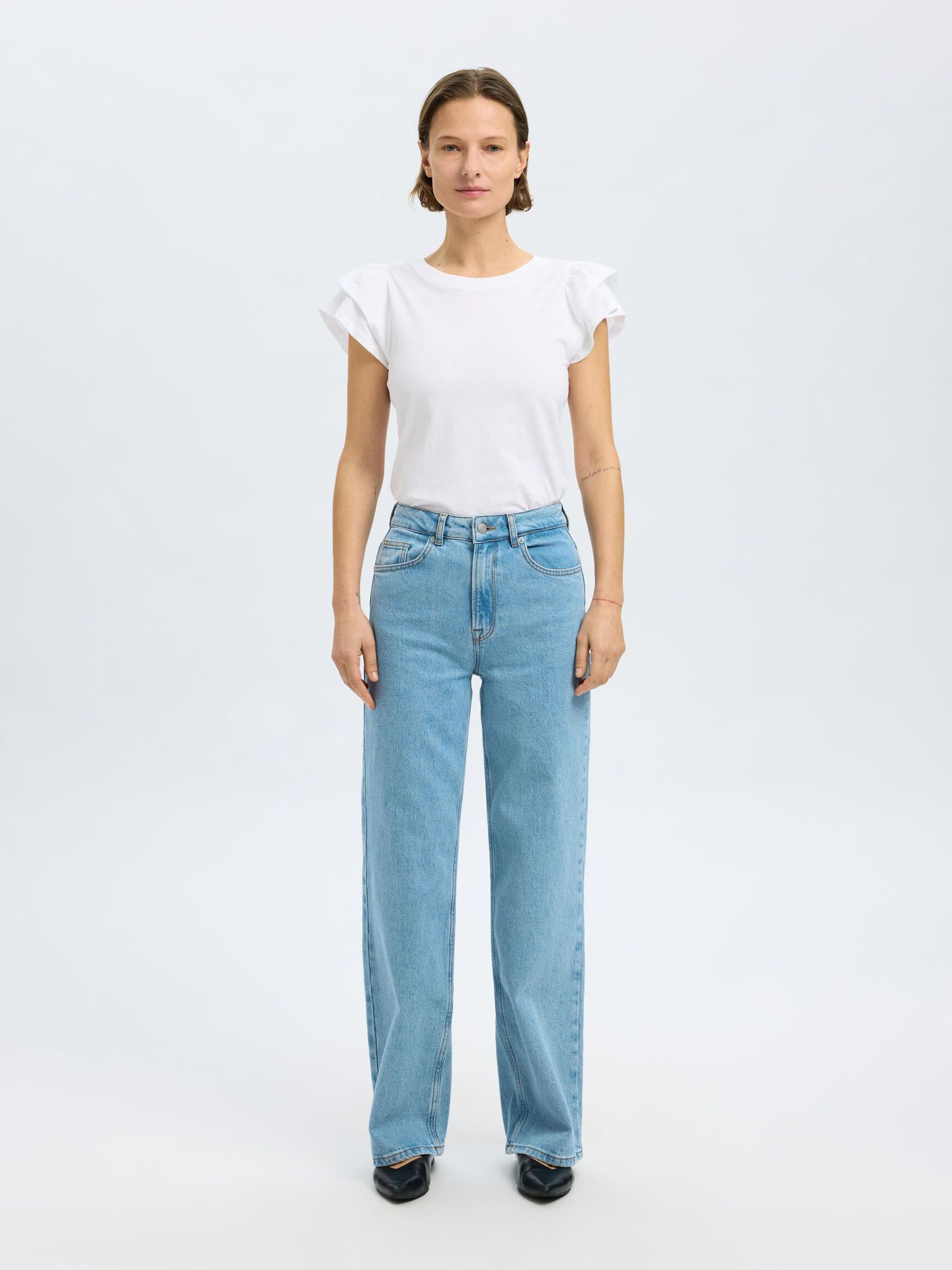 COTTON RUFFLED T-SHIRT, Bright White, highres